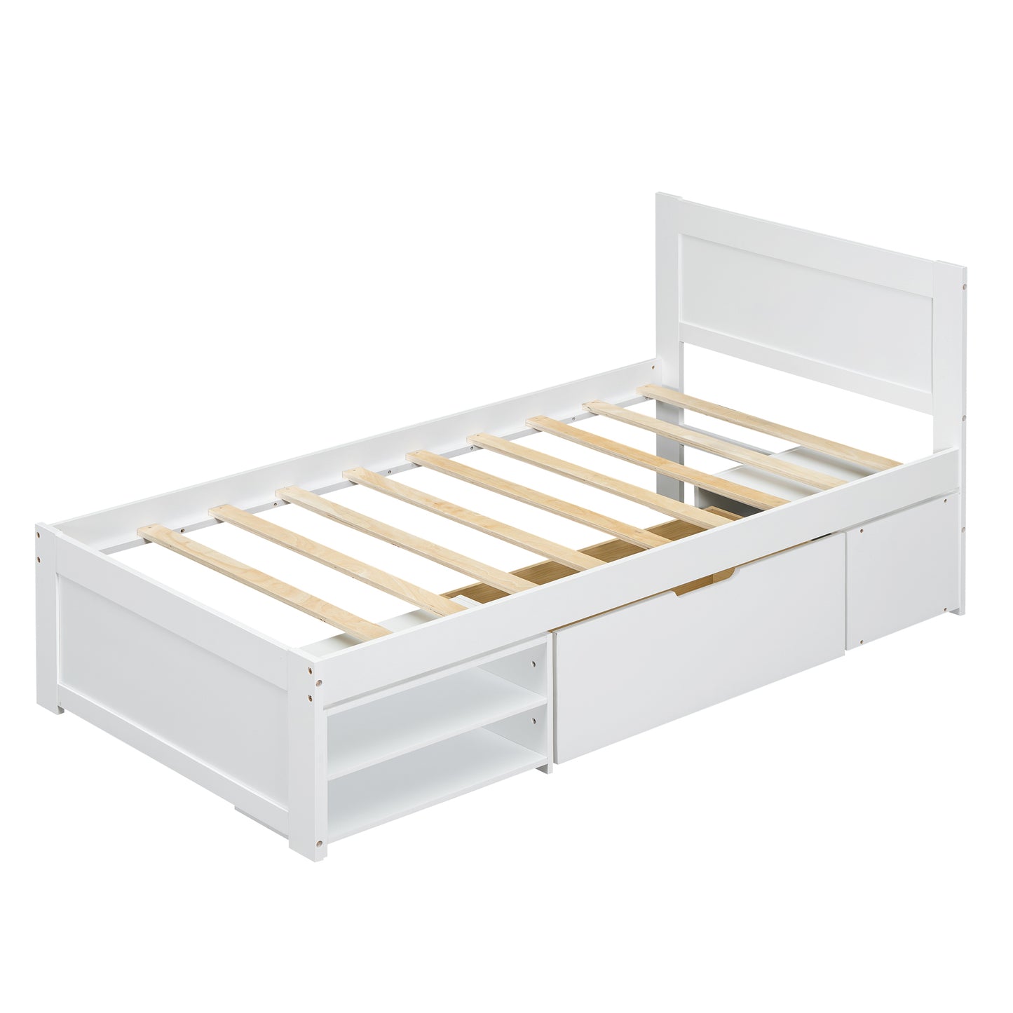 White wooden twin bed frame with drawers and shelves