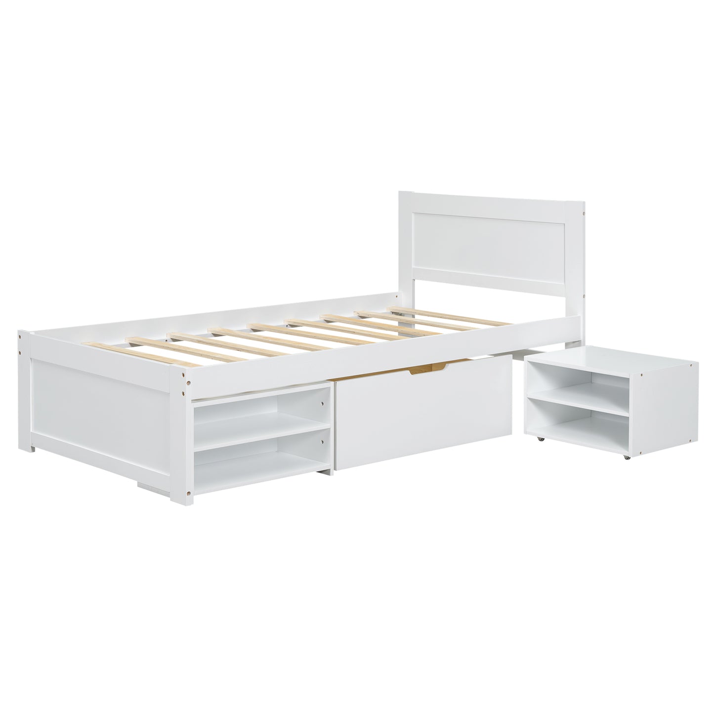 White twin bed frame with storage drawers and a bedside table