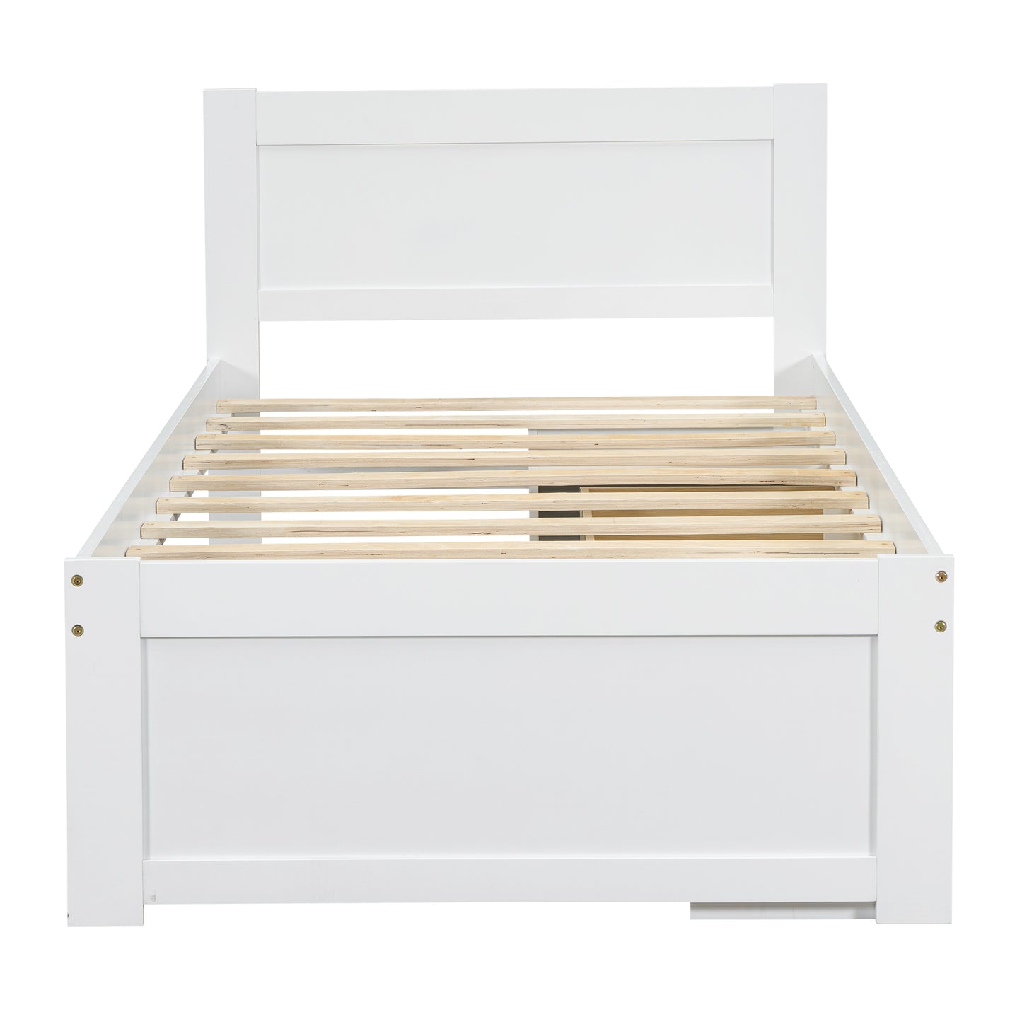 White wooden twin bed frame with slatted base