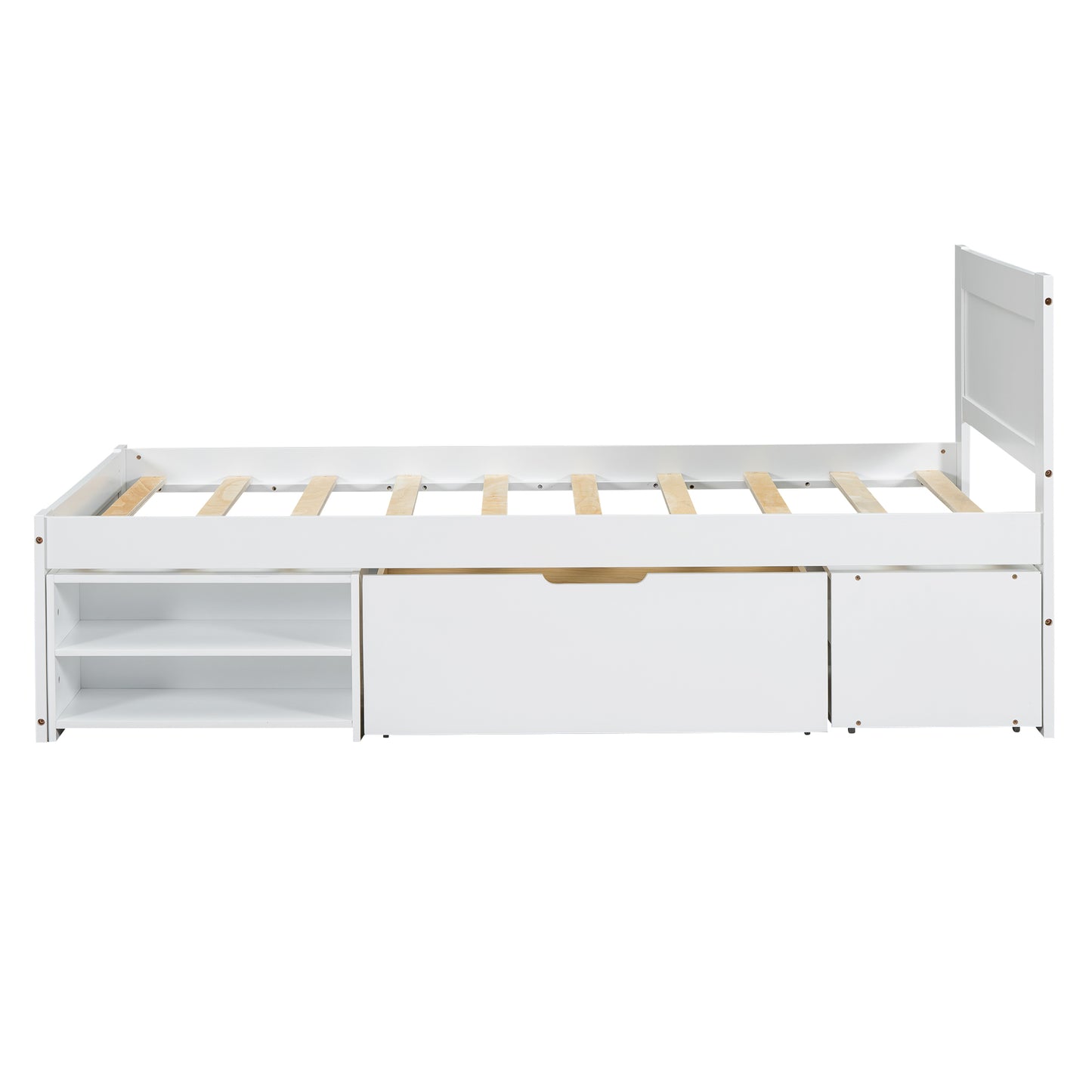 White twin storage bed frame with shelves and drawers