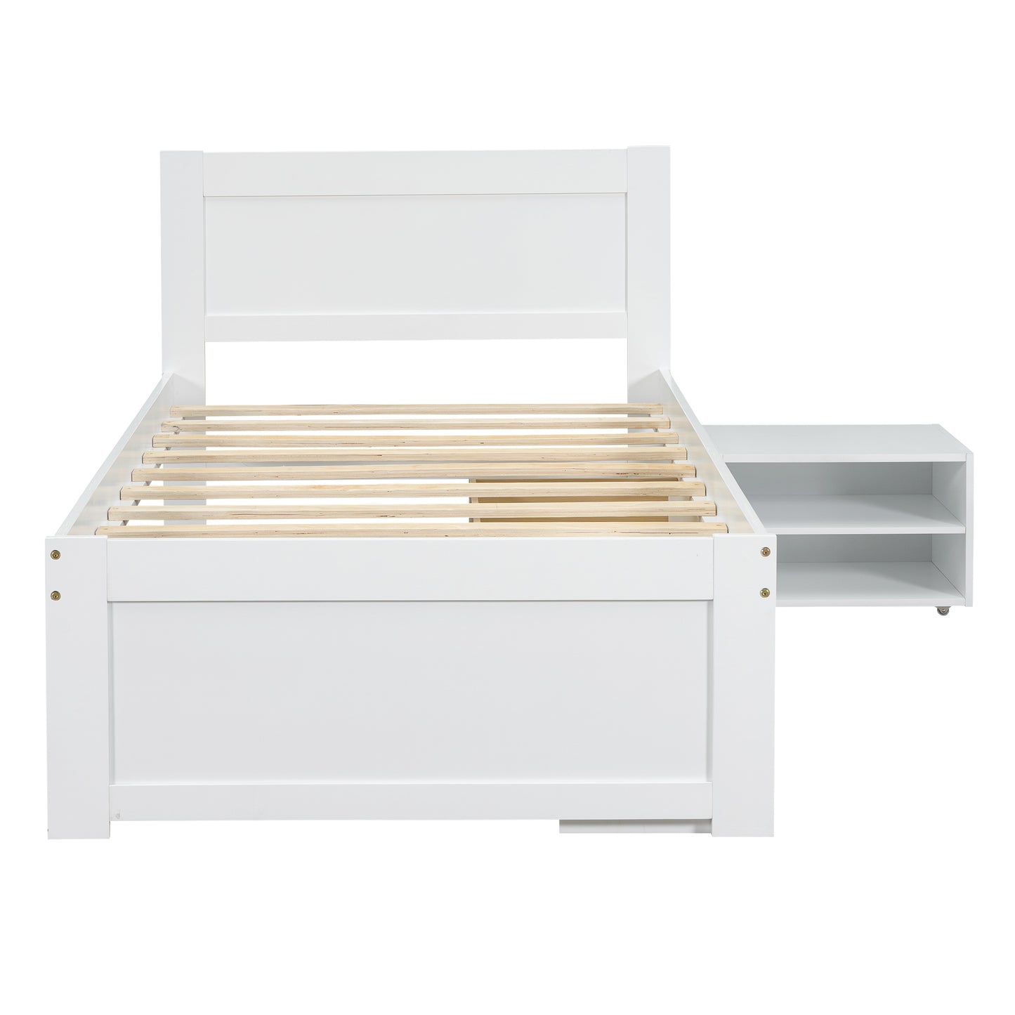 White twin bed frame with attached twoshelf nightstand and slatted platform support