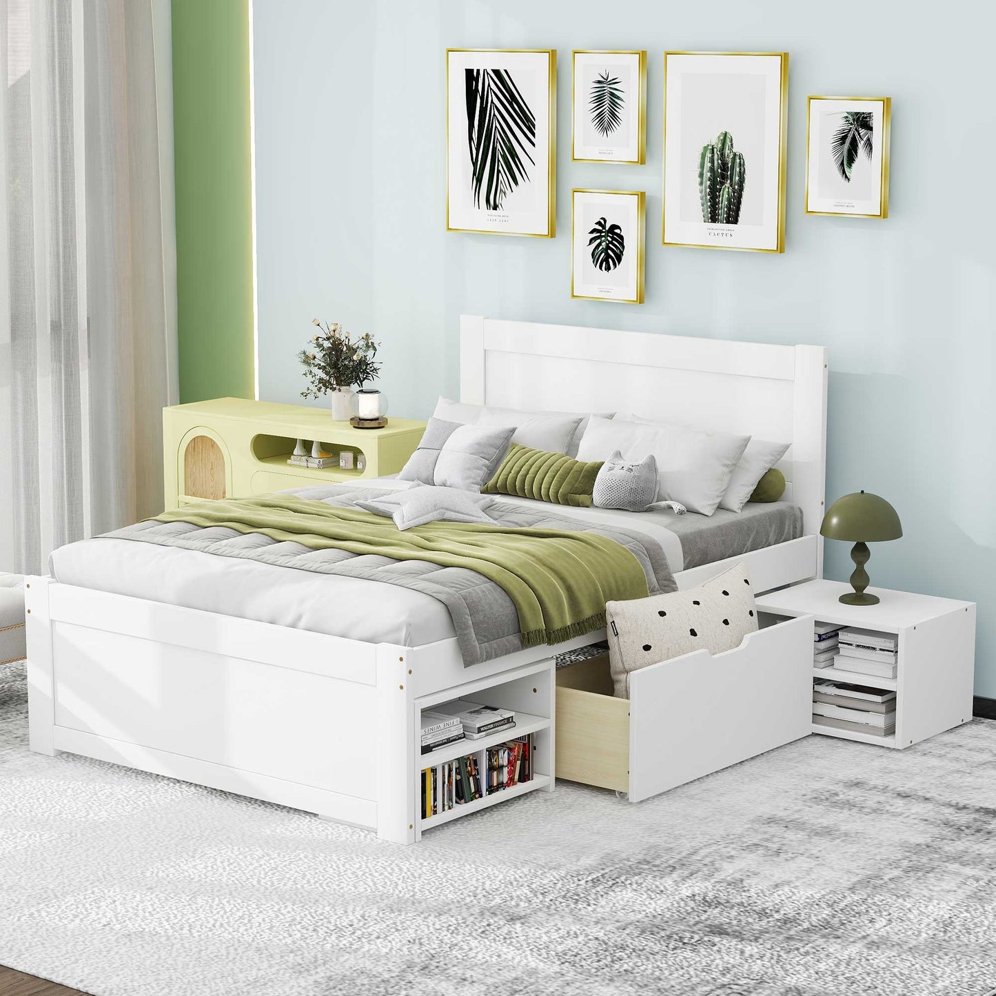 White wooden platform bed with integrated drawers and builtin bookshelves
