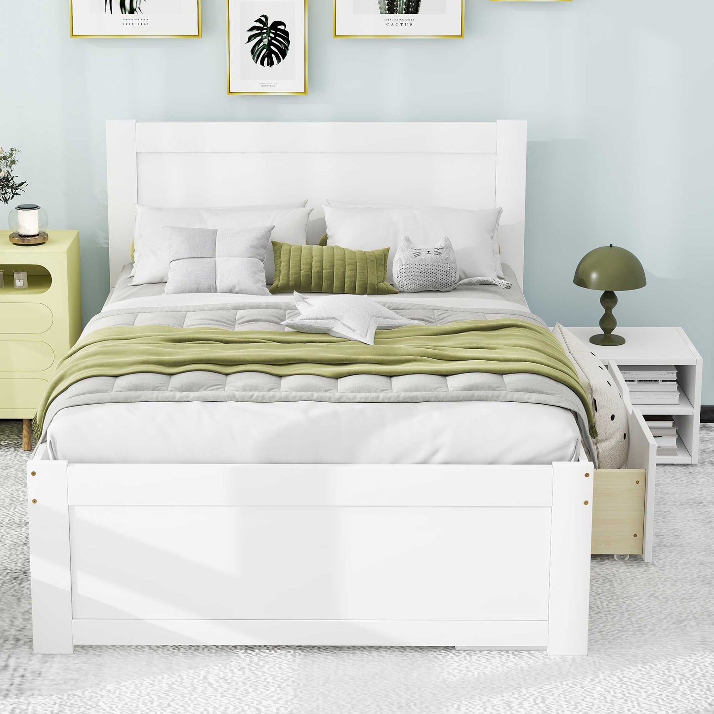 White wooden platform bed frame with drawer storage and simple headboard