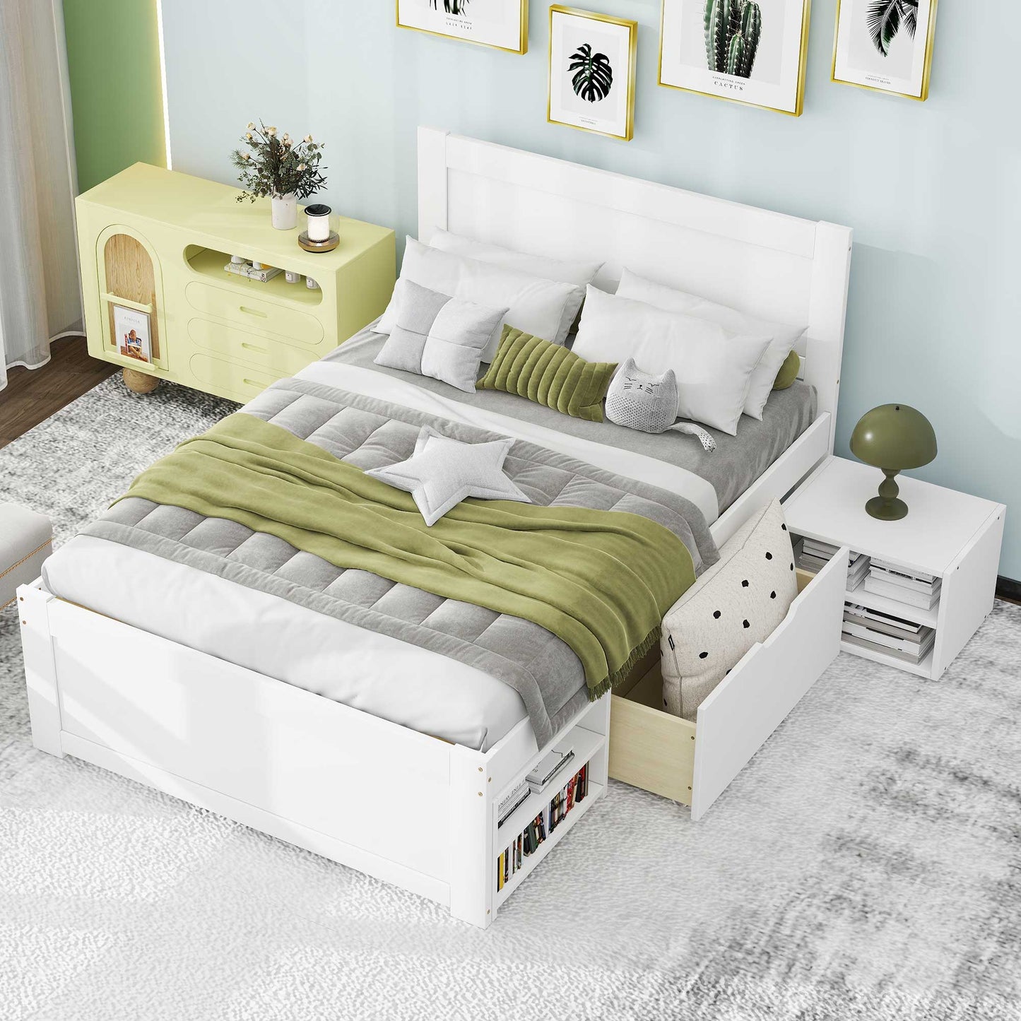 White wooden platform bed with integrated storage drawers and a green throw blanket