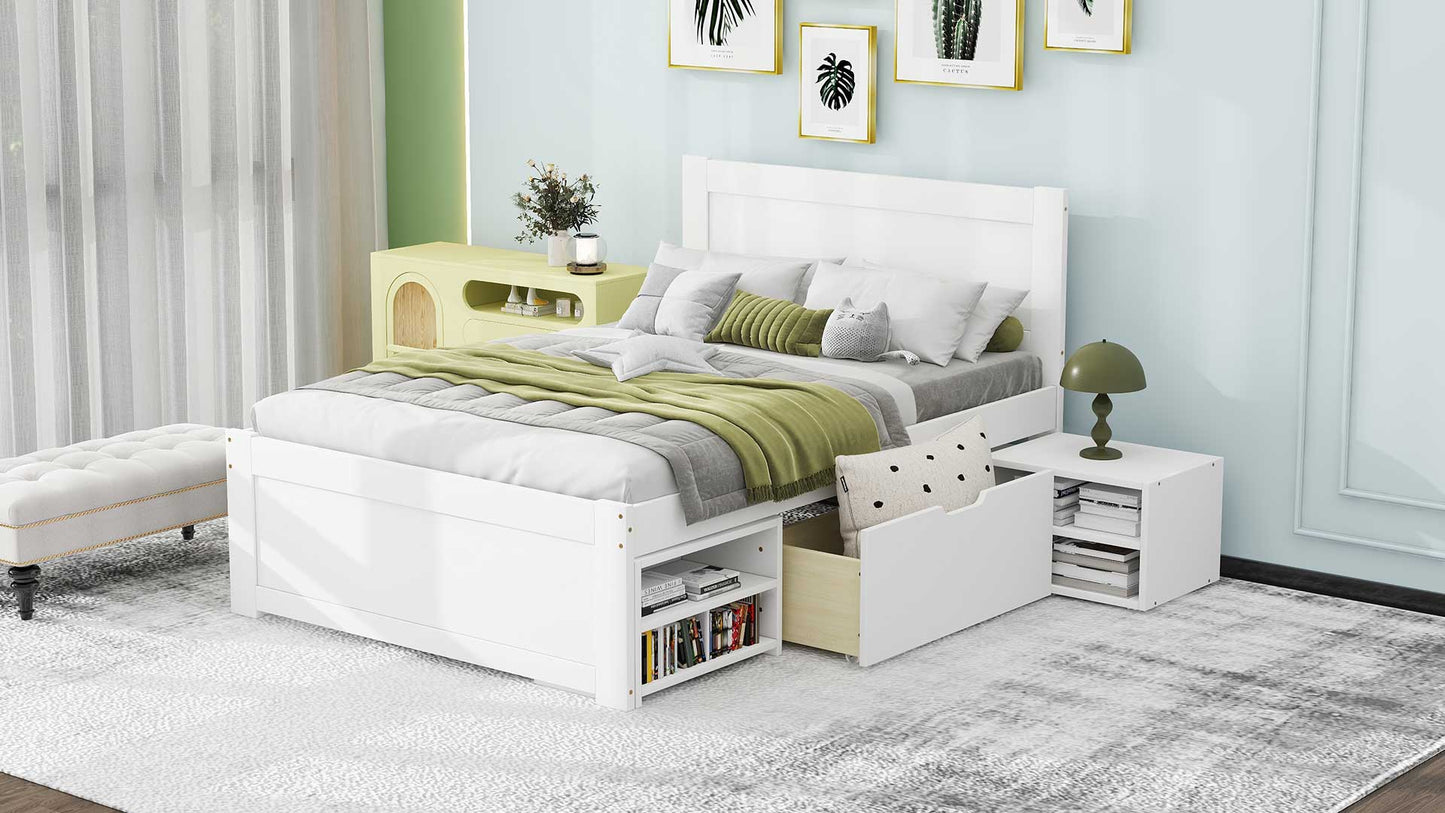 White wooden twin bed with builtin storage drawers and shelves perfect for kids rooms