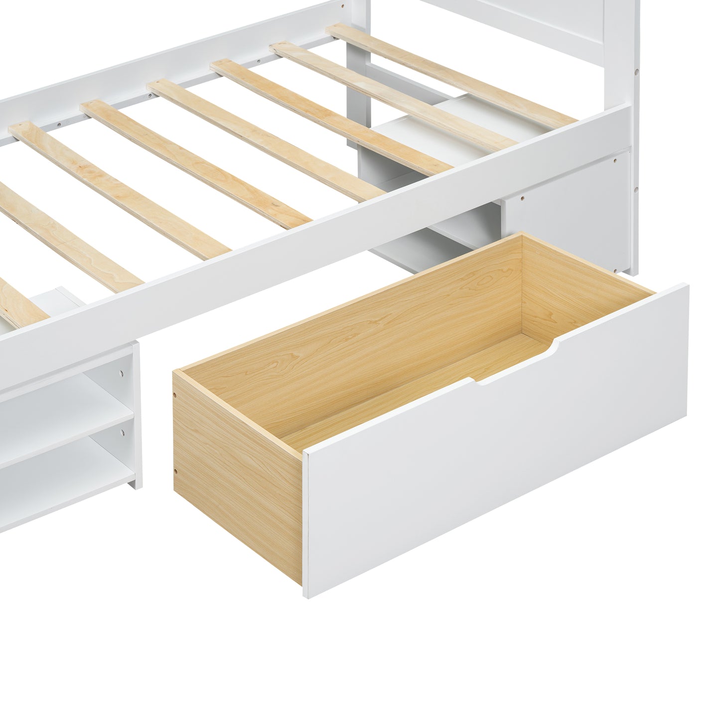 White twin bed frame with exposed wooden slats and an open storage drawer