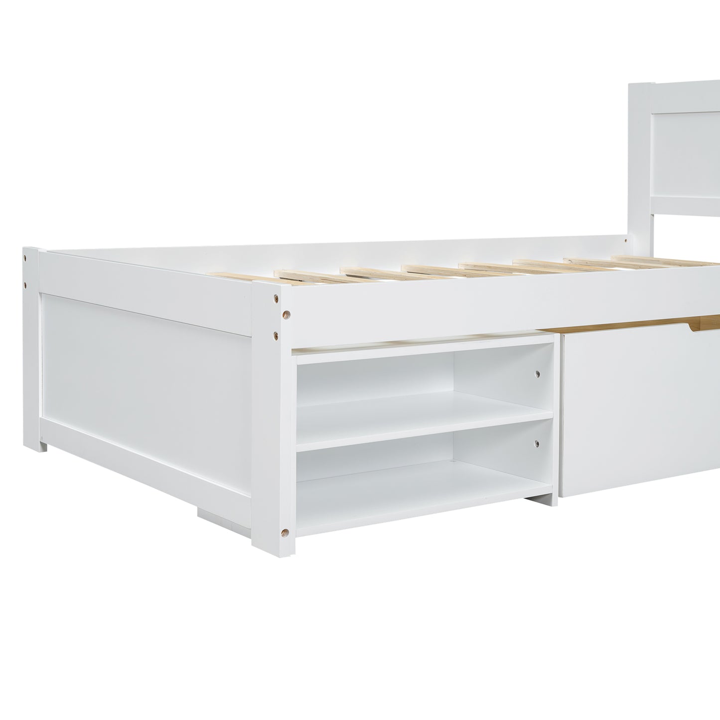 White twin bed frame with integrated storage shelves and drawer