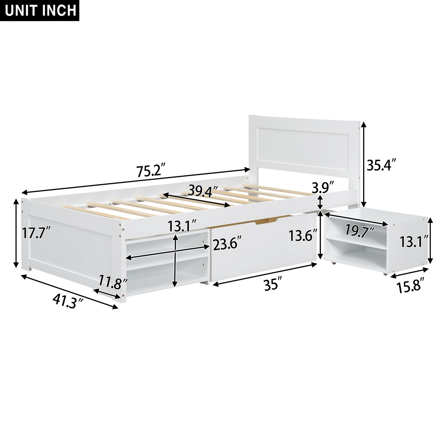 White twin bed frame with drawers and open shelves ideal for kids rooms