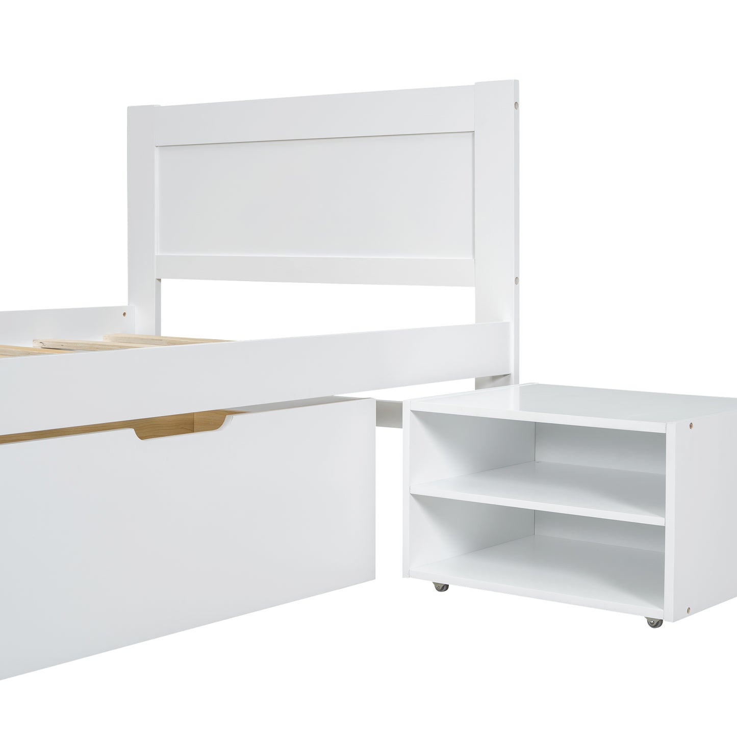 White wooden bed frame with integrated storage drawer and rolling shelf unit