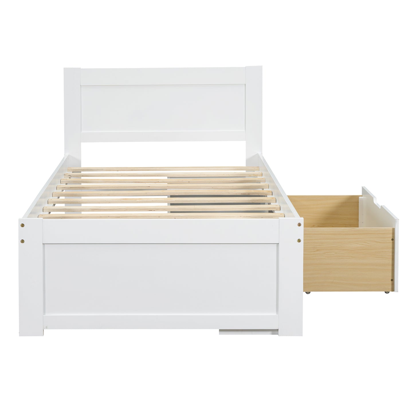 White twin bed frame with open storage drawer and slatted support