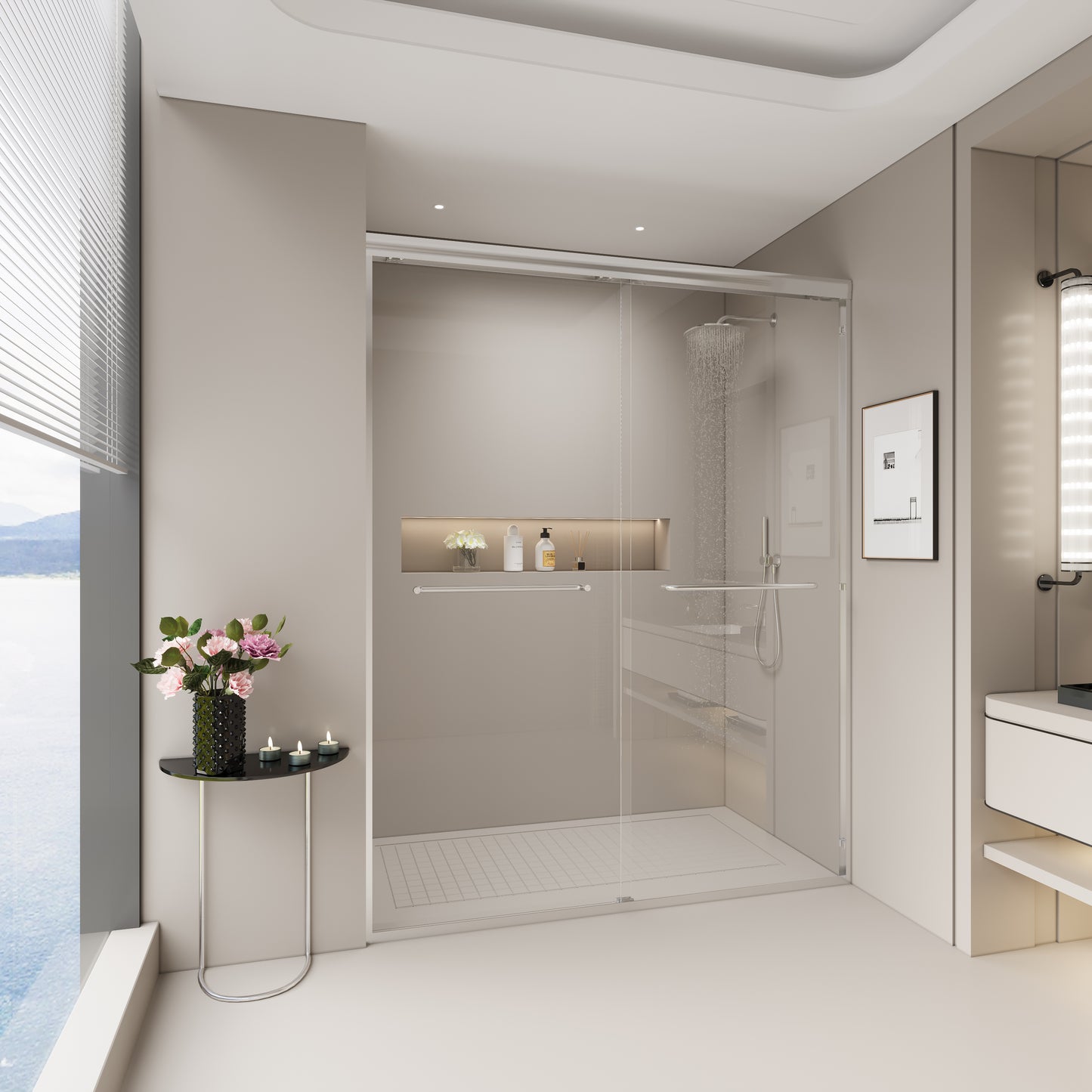 Frameless glass shower enclosure with chrome hardware and a rainfall showerhead