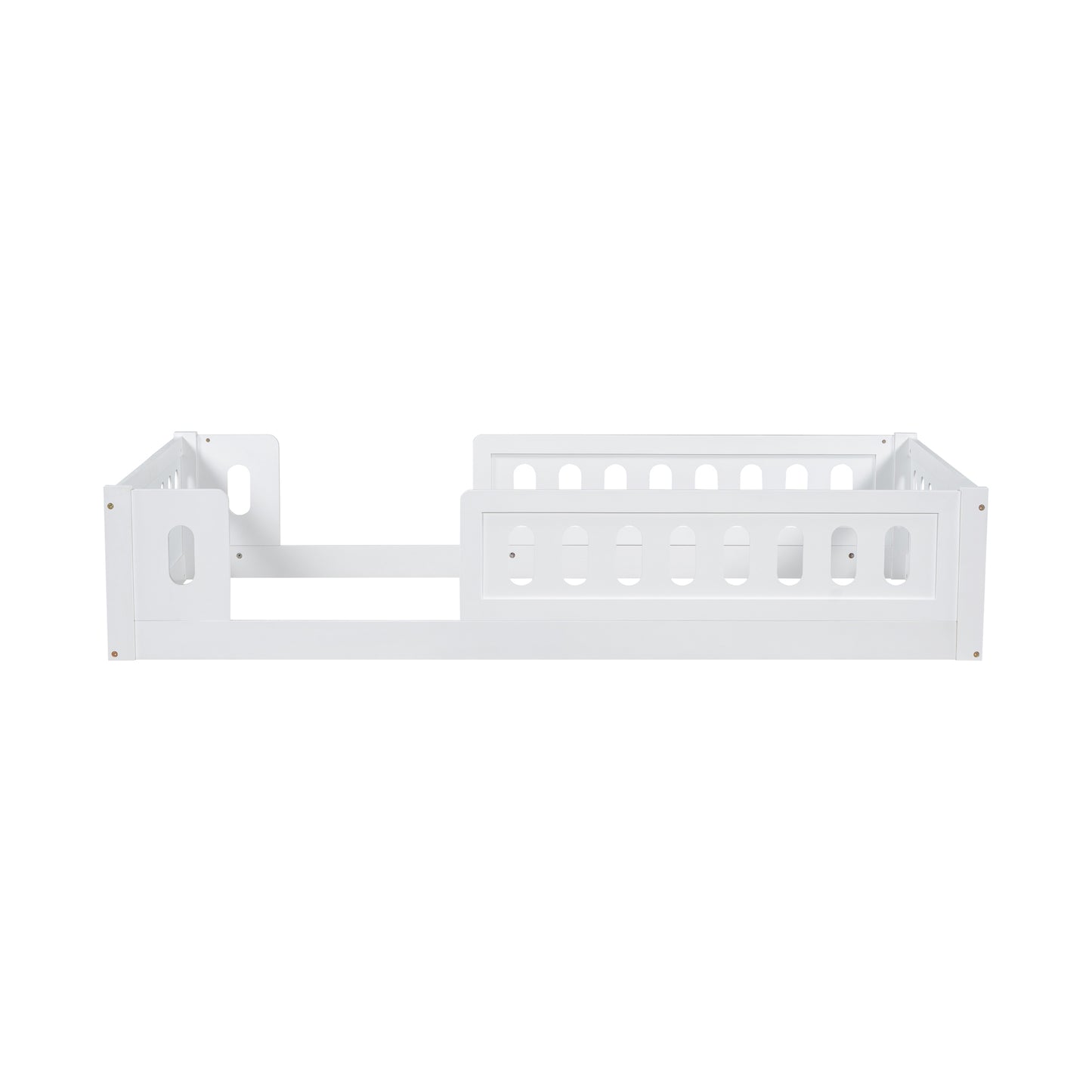 White wooden toddler bed with slatted sides and safety rails