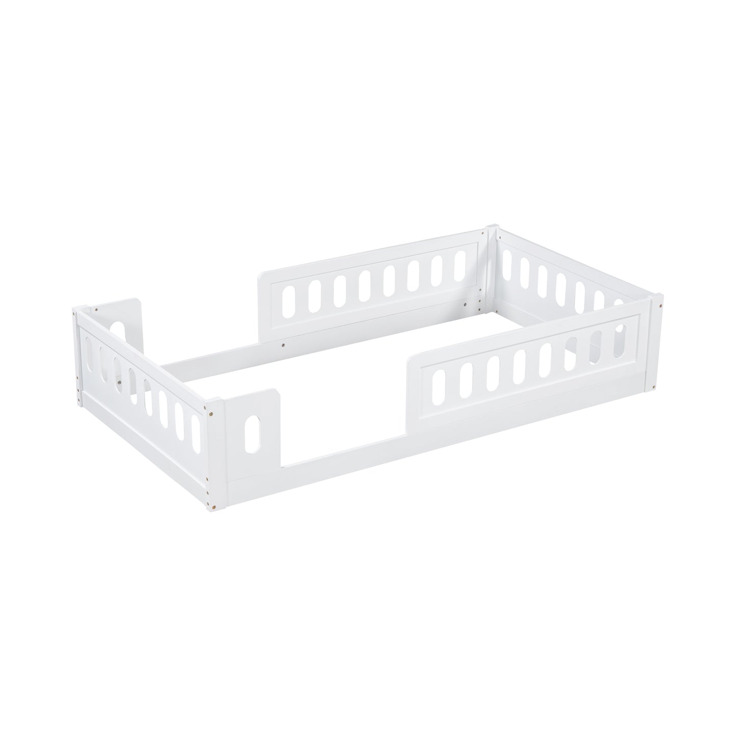 White wooden toddler bed guard rail with cutout slots