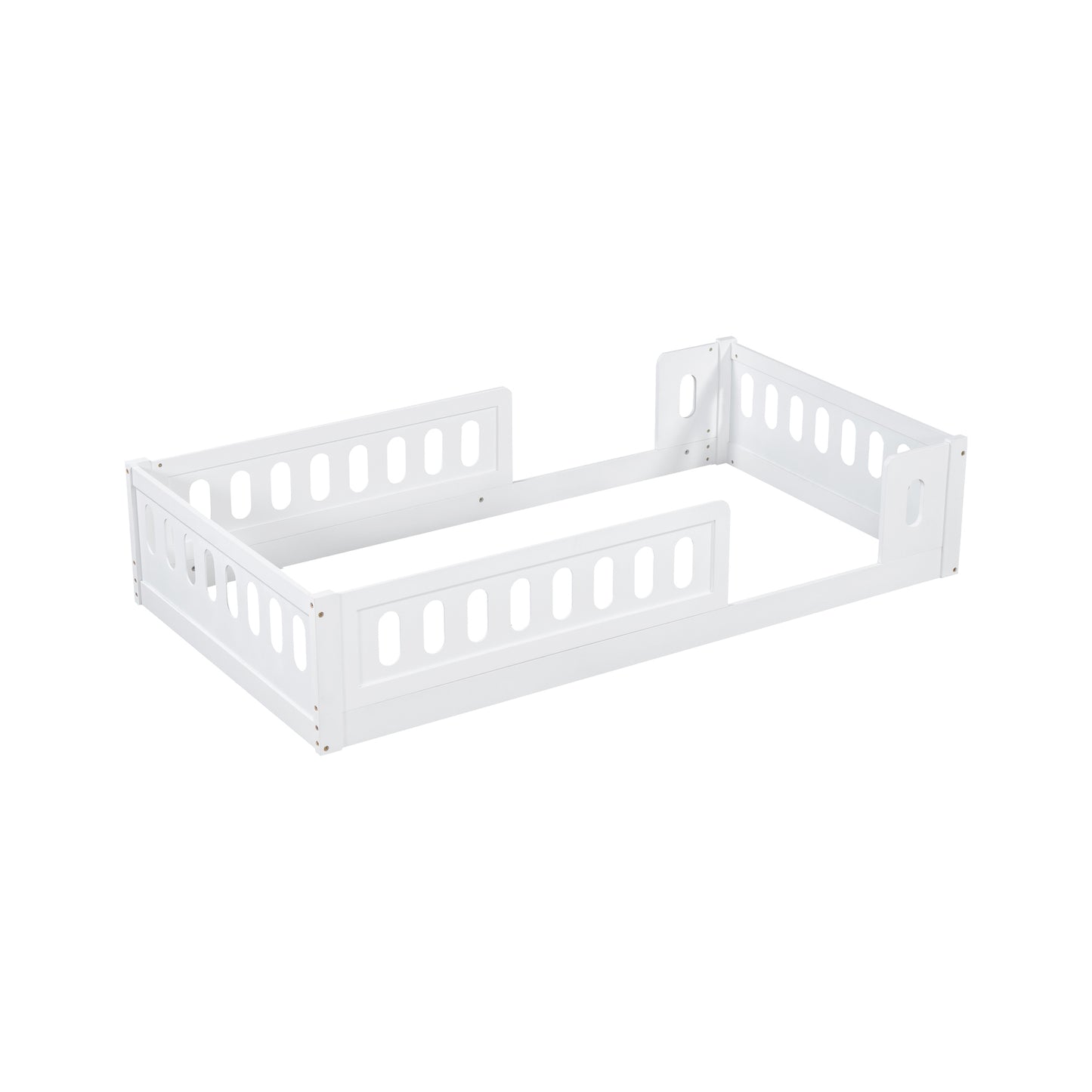 White wooden toddler bed rail with slatted design providing safety for young children