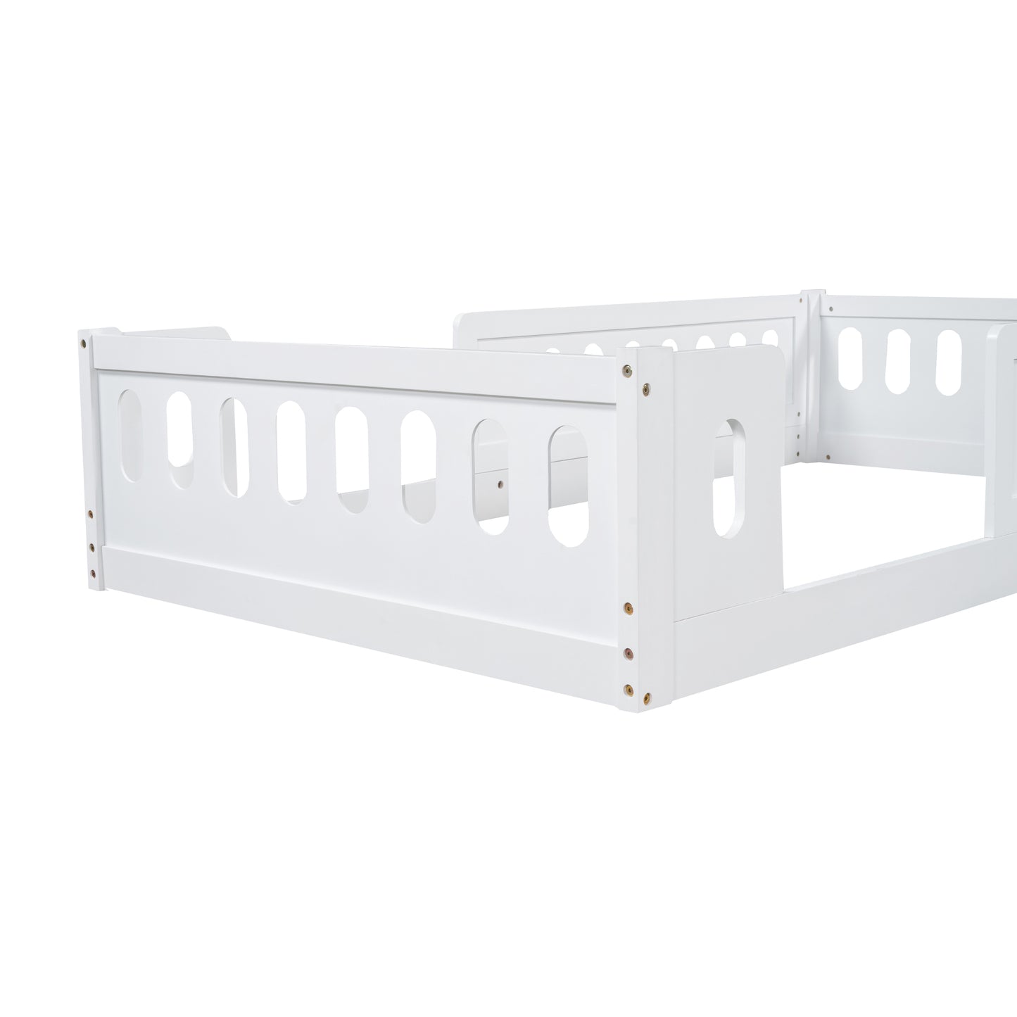 White wooden toddler bed frame with rounded safety rails and oval cutouts
