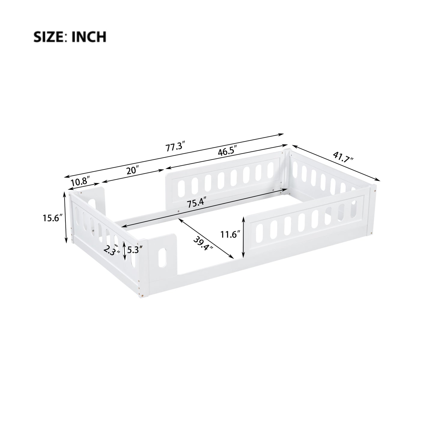 White toddler bed with decorative cutouts dimensions labeled in inches