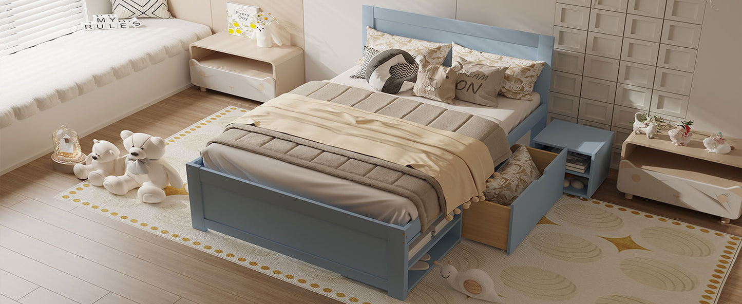 Blue twin bed with integrated storage drawers and upholstered headboard