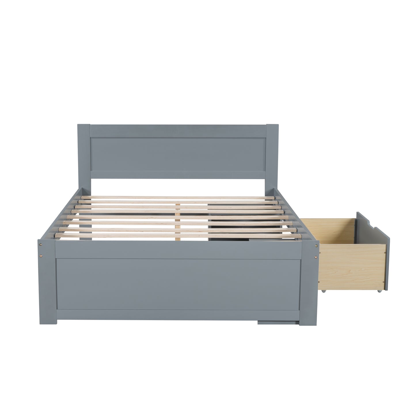 Grey modern platform bed frame with wooden slats and an open storage drawer