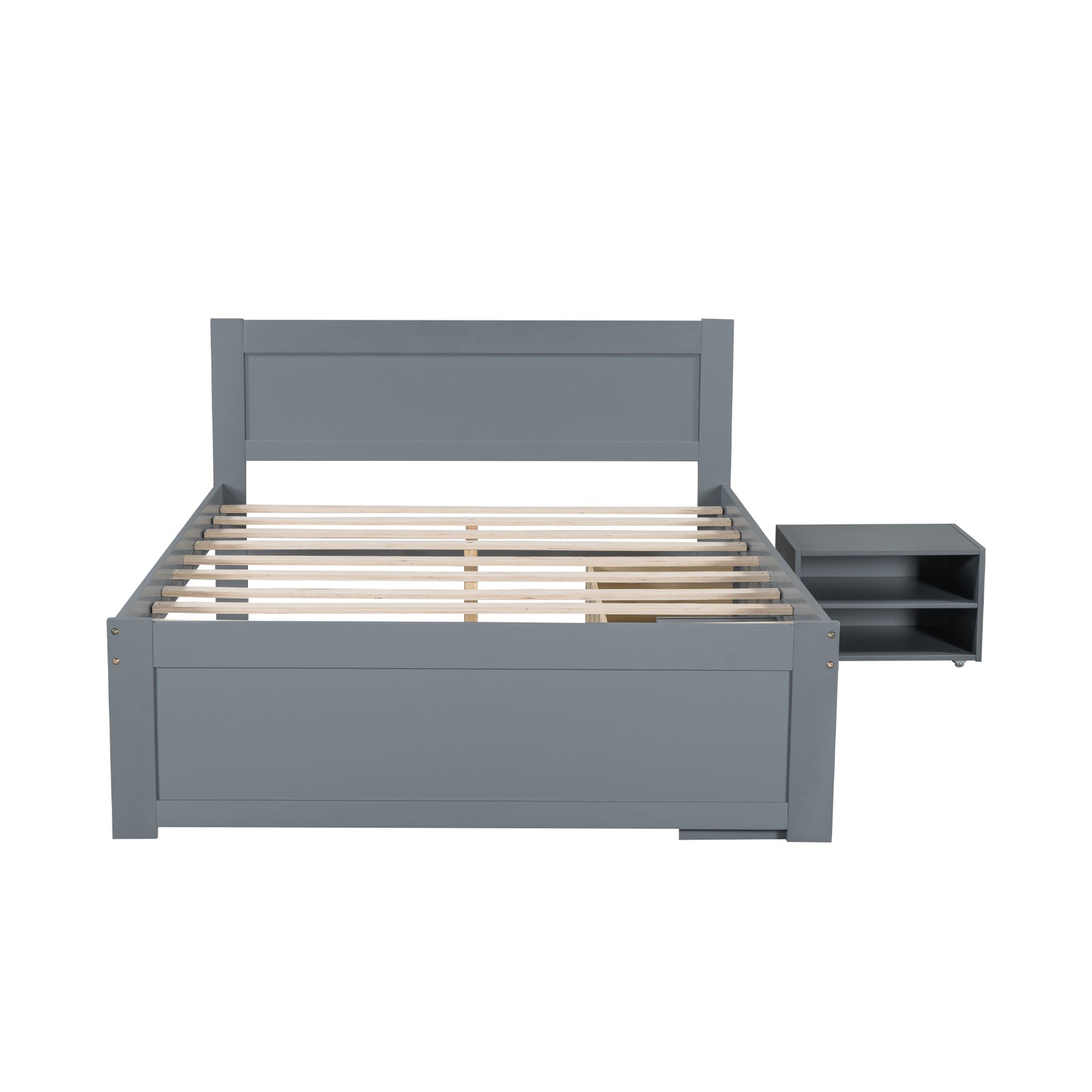 Grey modern platform bed frame with integrated bedside table king size