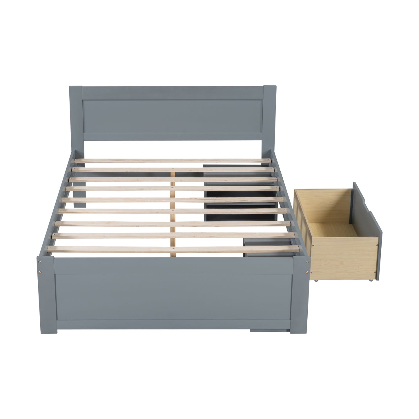 Gray wooden platform bed frame with storage drawer minimalist design for bedroom