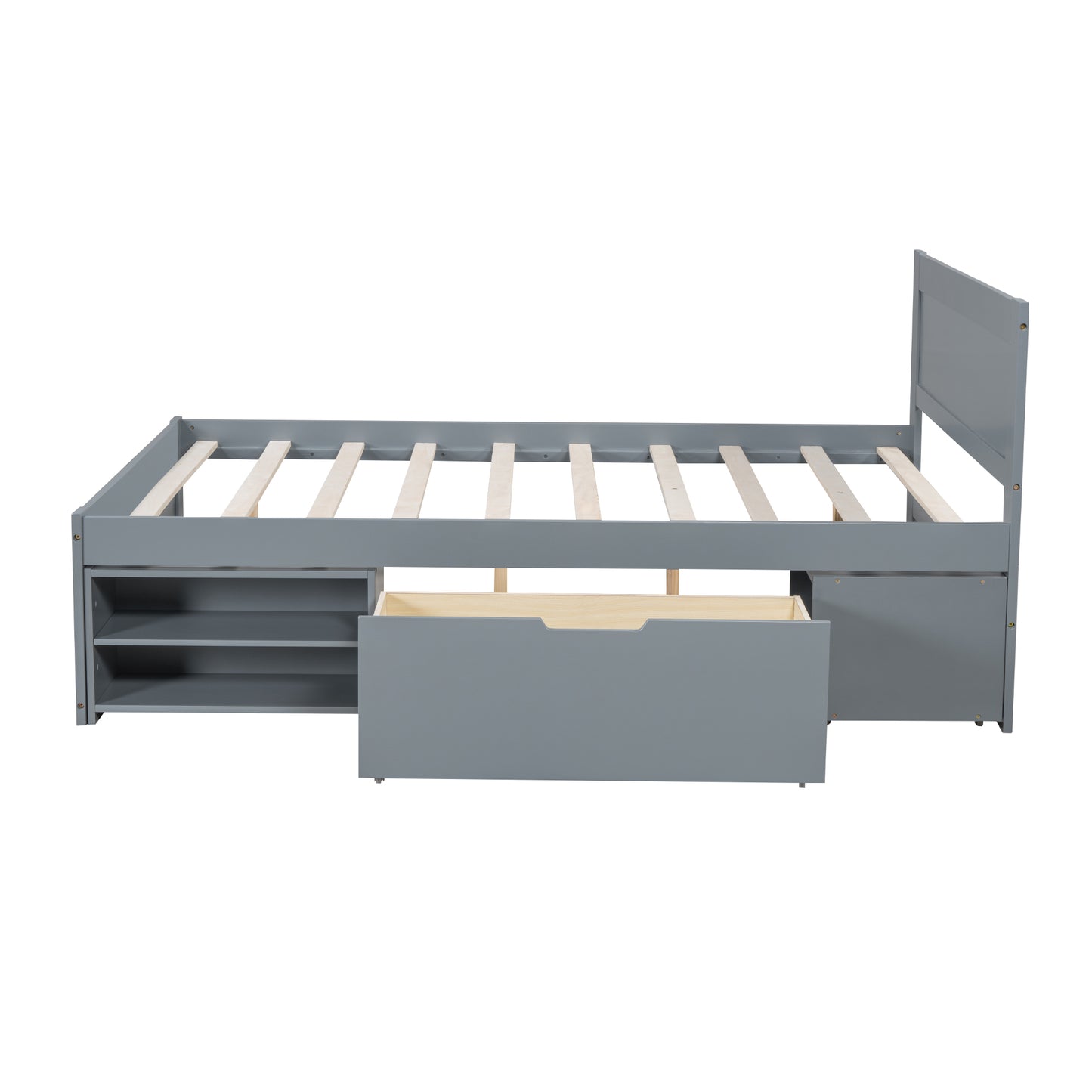 Gray twin storage bed frame with two shelves and one drawer
