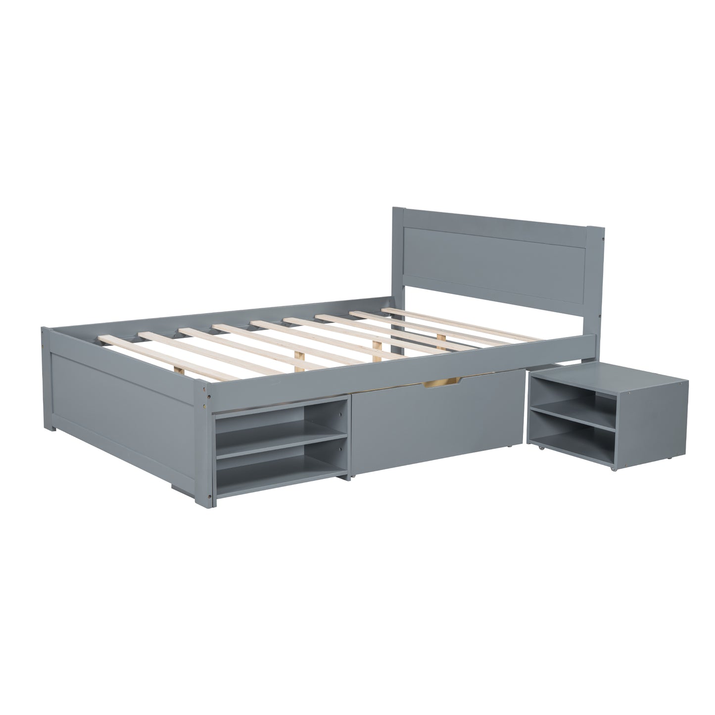 Grey wooden twin bed frame with two storage shelves on the side