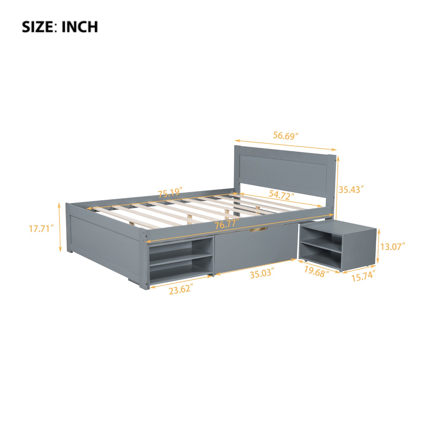 Gray modern twin bed frame with builtin storage shelves and drawers