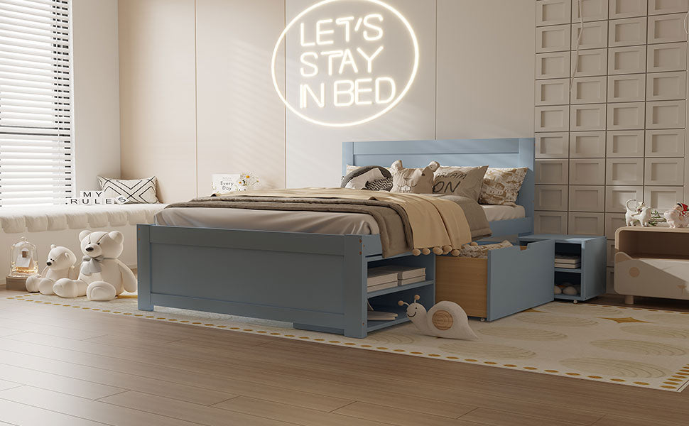 Blue twin bed with storage drawers and pillows ideal for kids rooms
