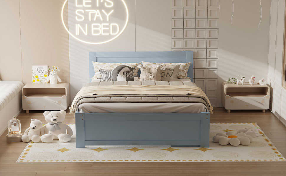 Light blue wooden kids bed with playful pillows and teddy bears