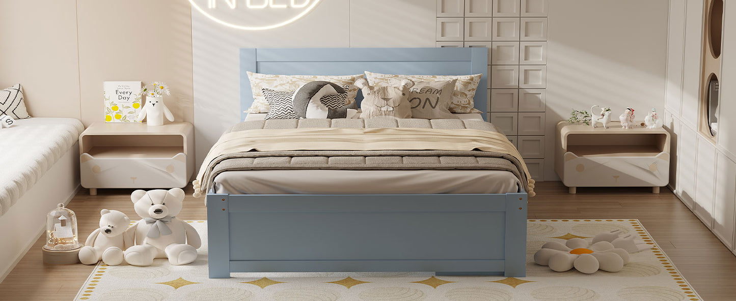 Light blue wooden twin bed with playful animalthemed pillows and bedding