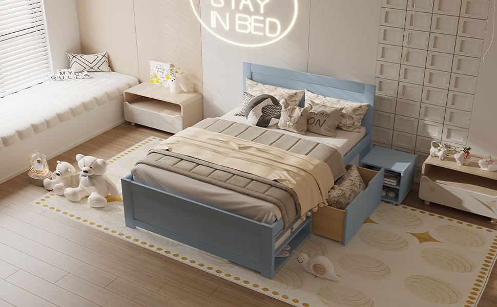 Blue twin bed frame with storage drawers ideal for kids bedrooms