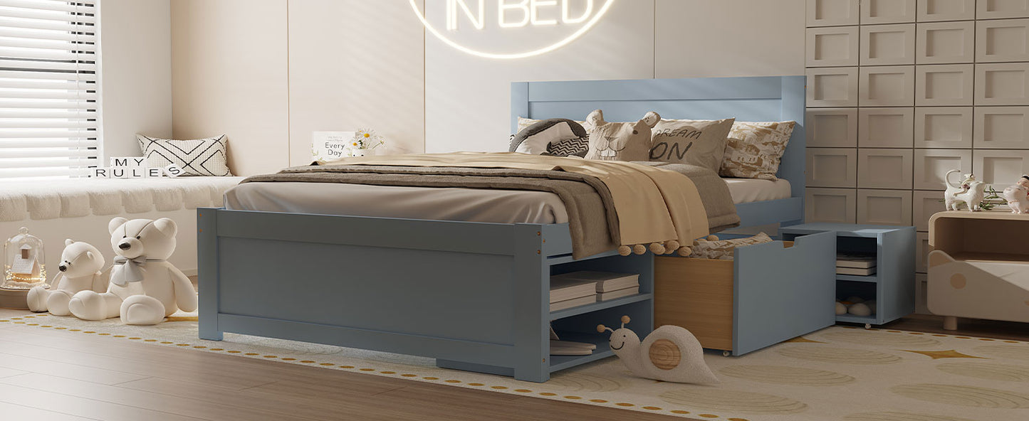Blue twin bed with integrated storage drawers perfect for a childs bedroom