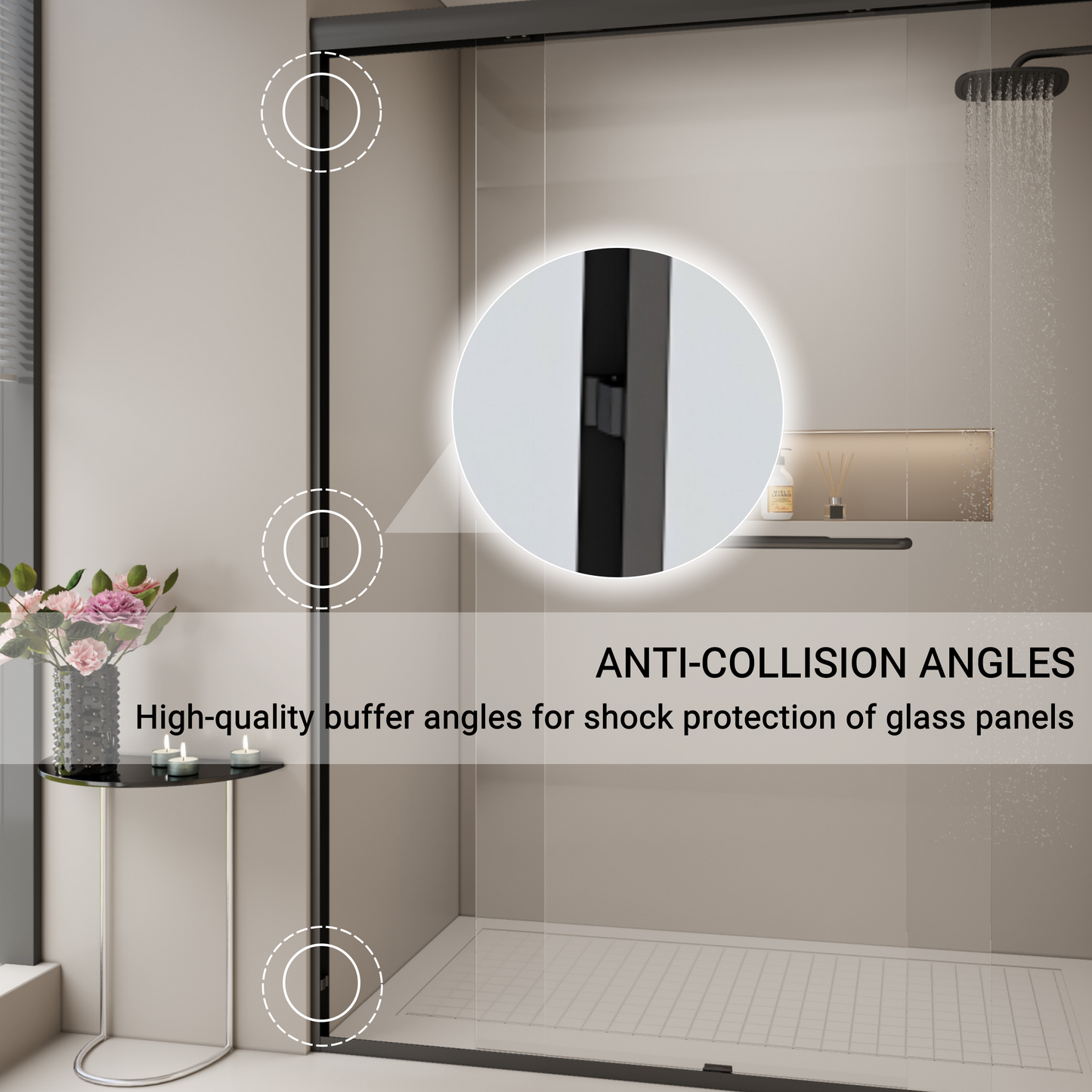 Modern black framed glass shower enclosure with anticollision angles for safety
