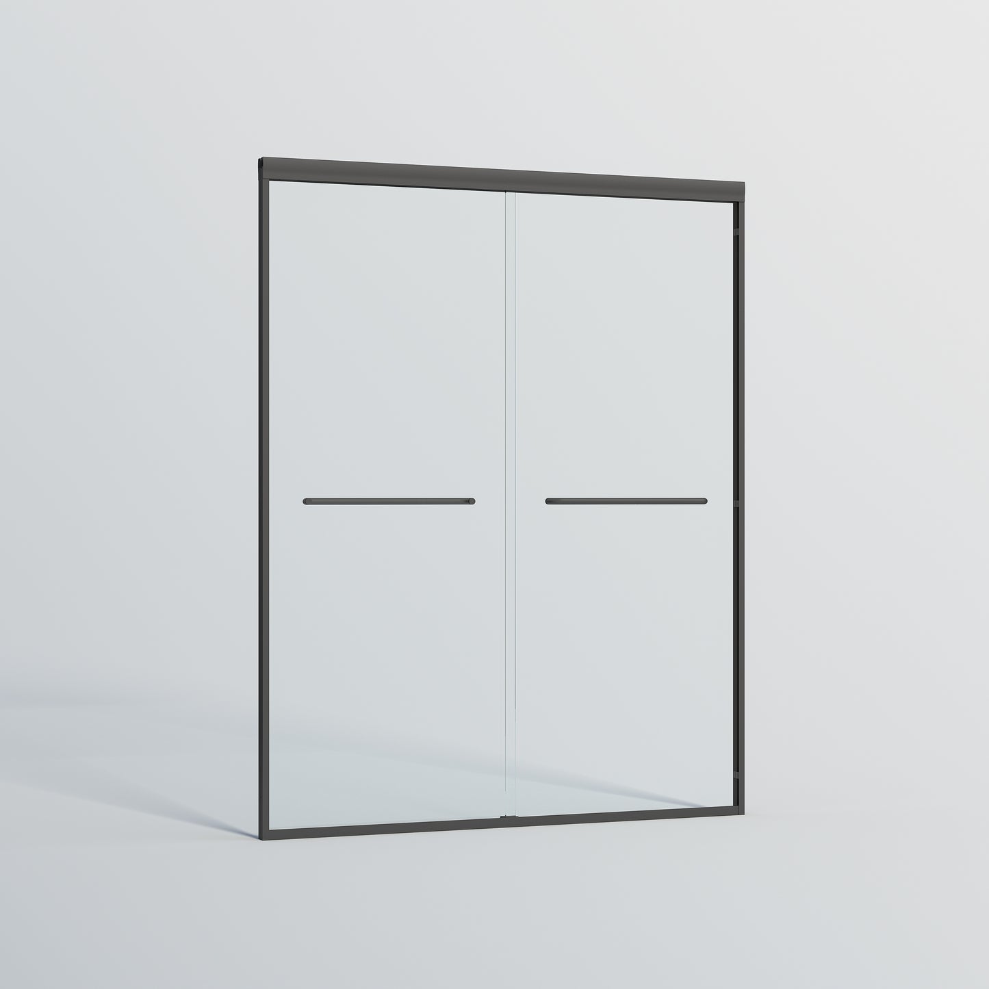 Sleek charcoal framed sliding shower door with clear glass and two modern bar handles for a contemporary bathroom