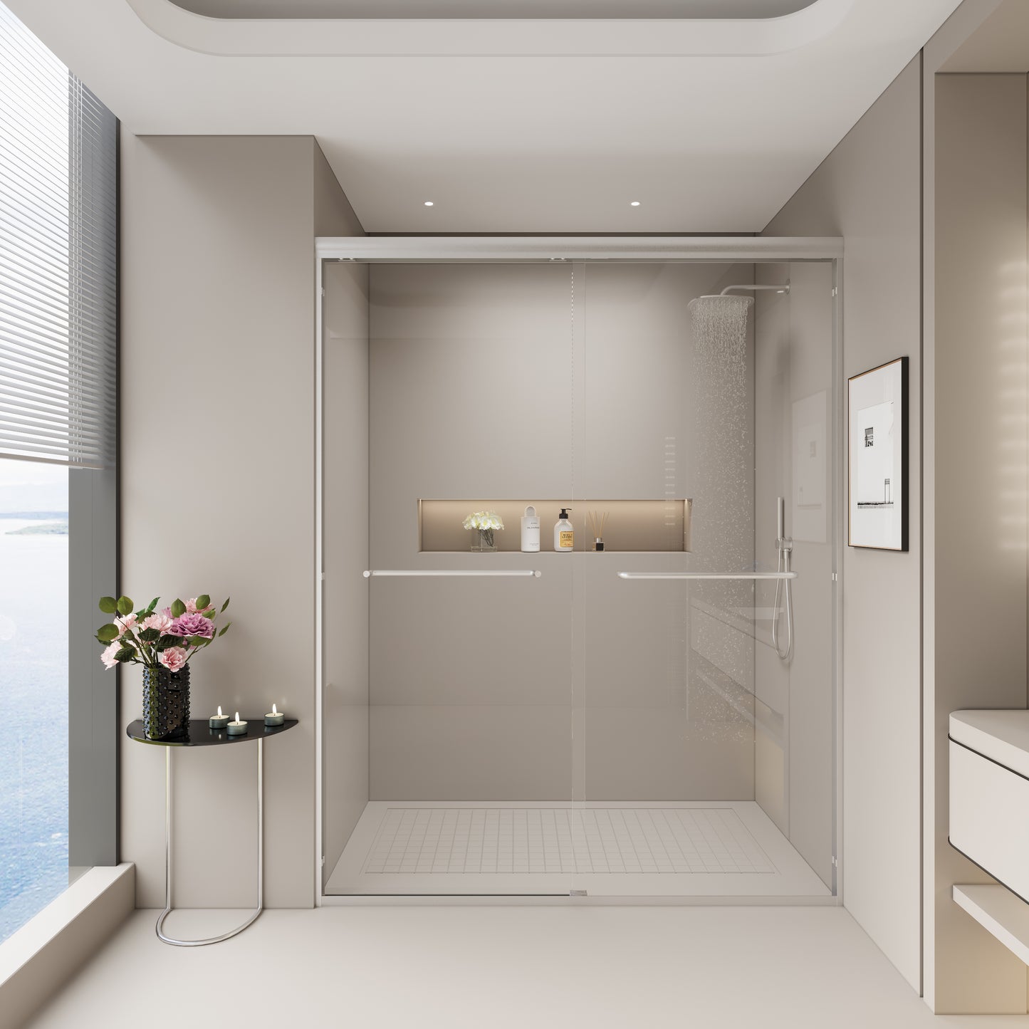 Modern frameless glass shower enclosure with sleek chrome hardware