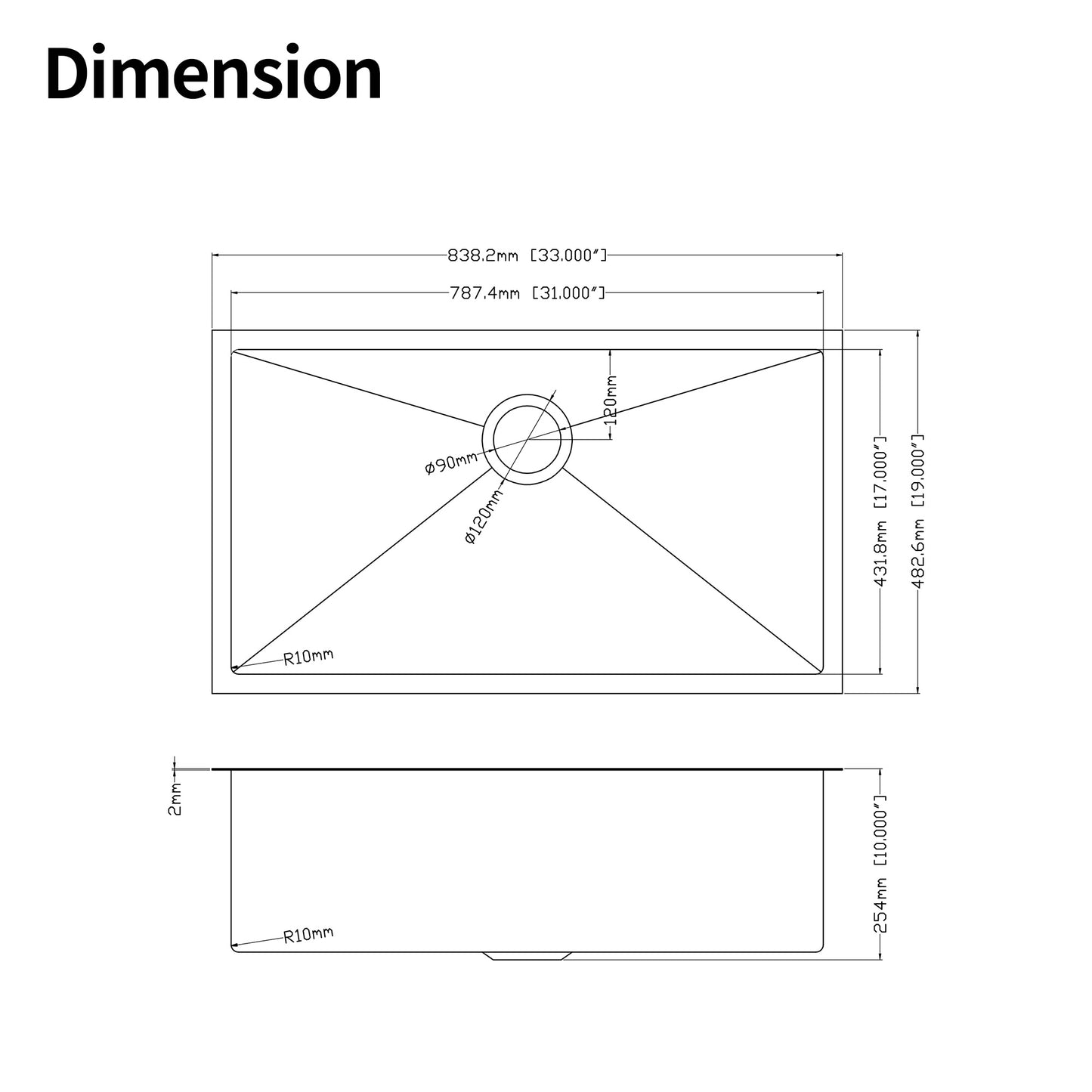 Diagram of a large stainless steel kitchen sink with dimensions indicated