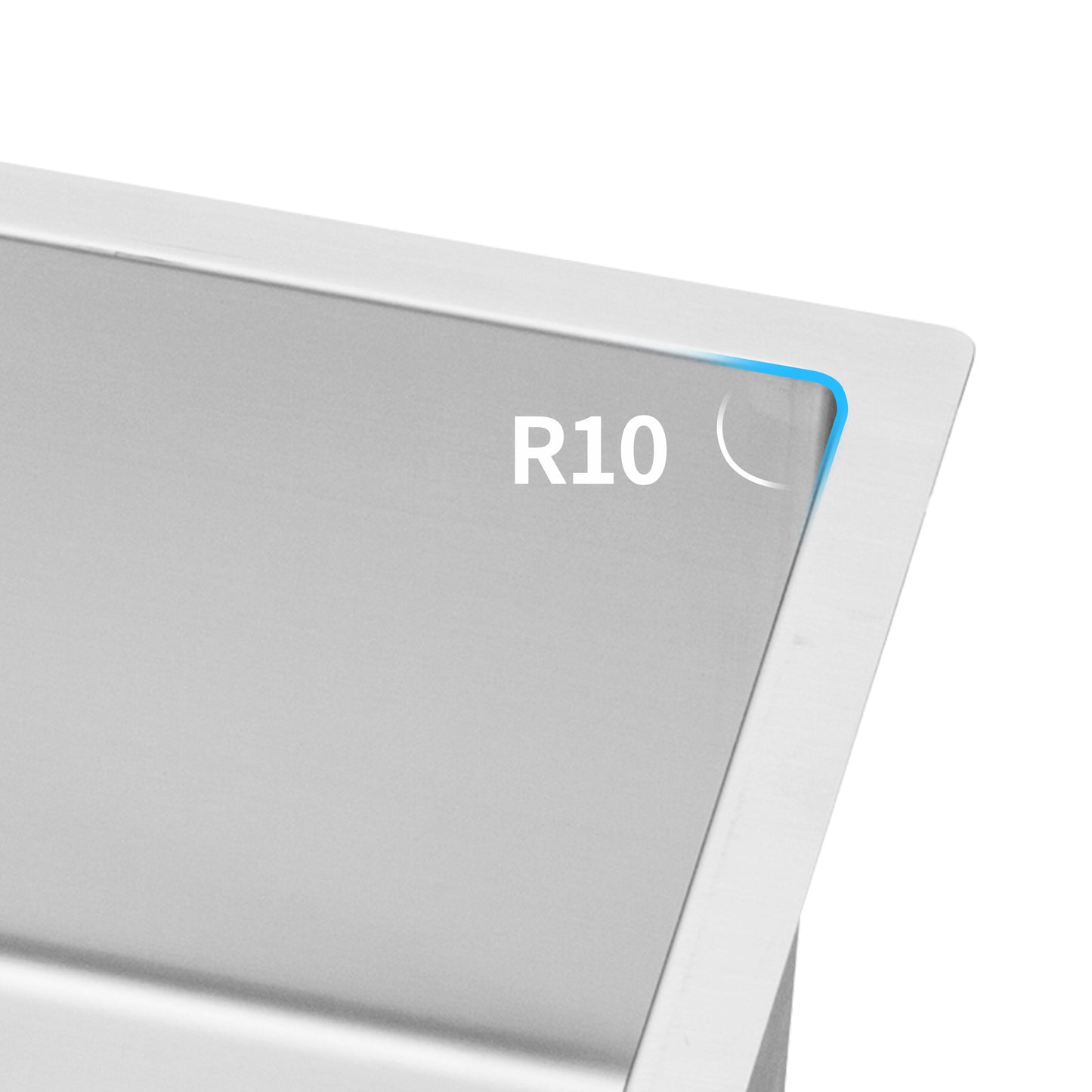 Closeup of brushed stainless steel sink corner with R radius detail