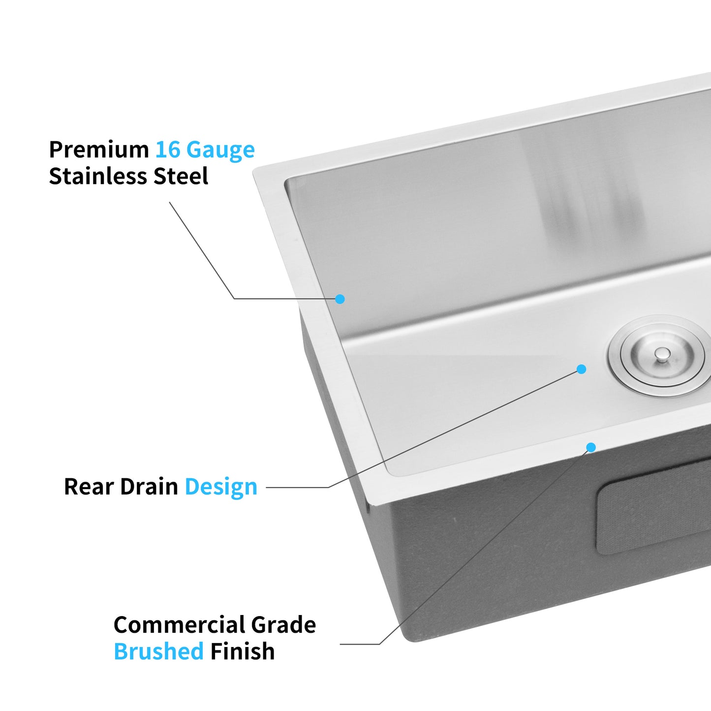 Premium gauge stainless steel kitchen sink with rear drain design