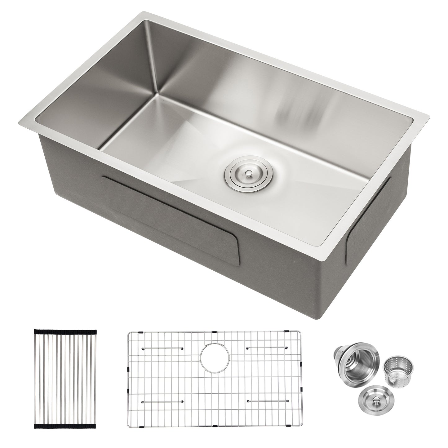 Stainless steel undermount kitchen sink with drain board and accessories