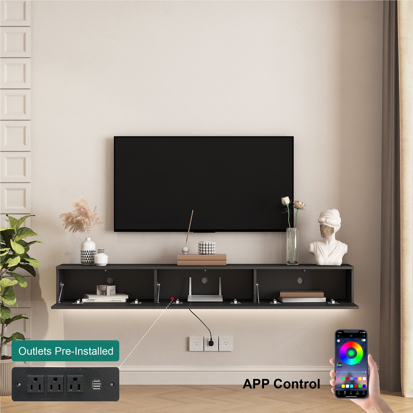 Black wallmounted entertainment center with media console and preinstalled power outlets
