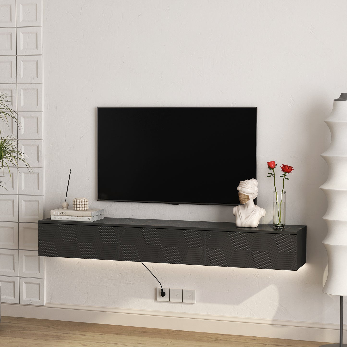 Black geometric floating tv stand with LED backlighting and ample storage