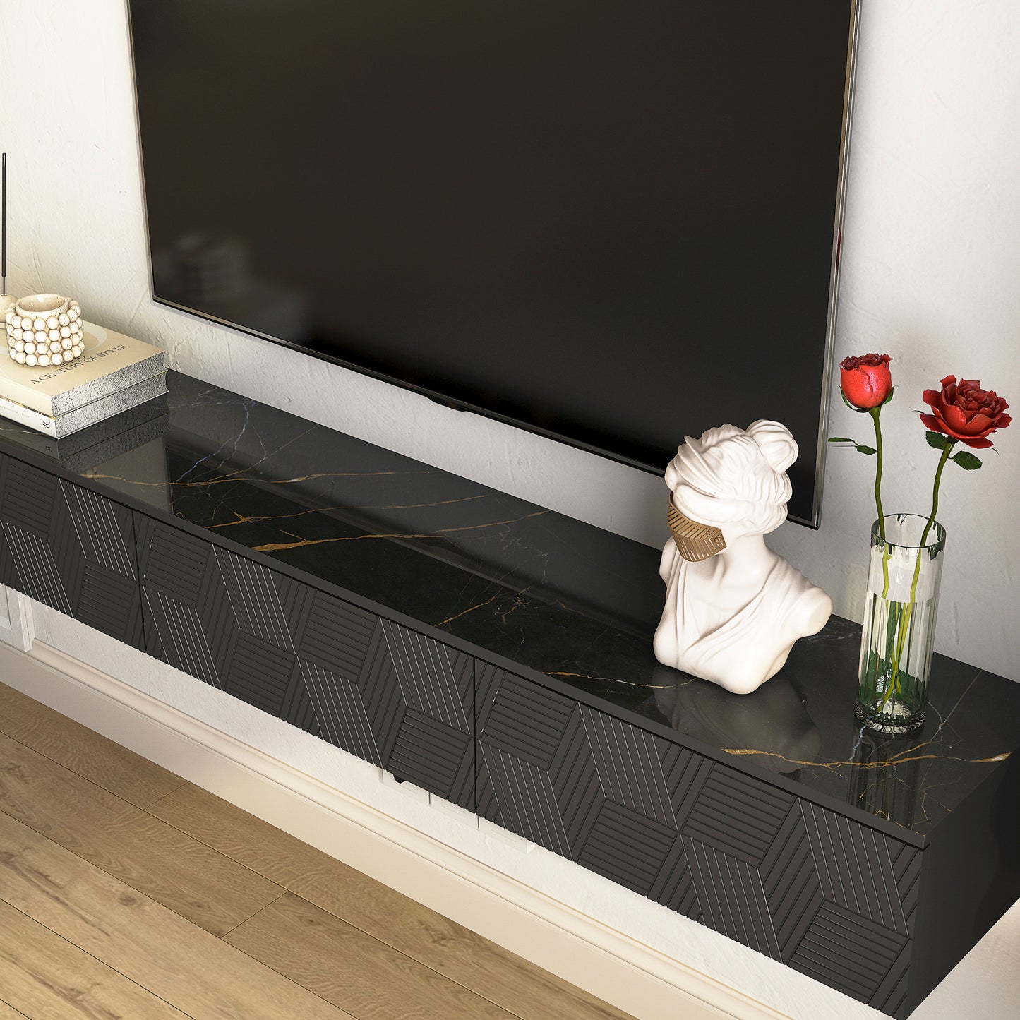 Black marble top media console with geometric patterned doors modern and stylish
