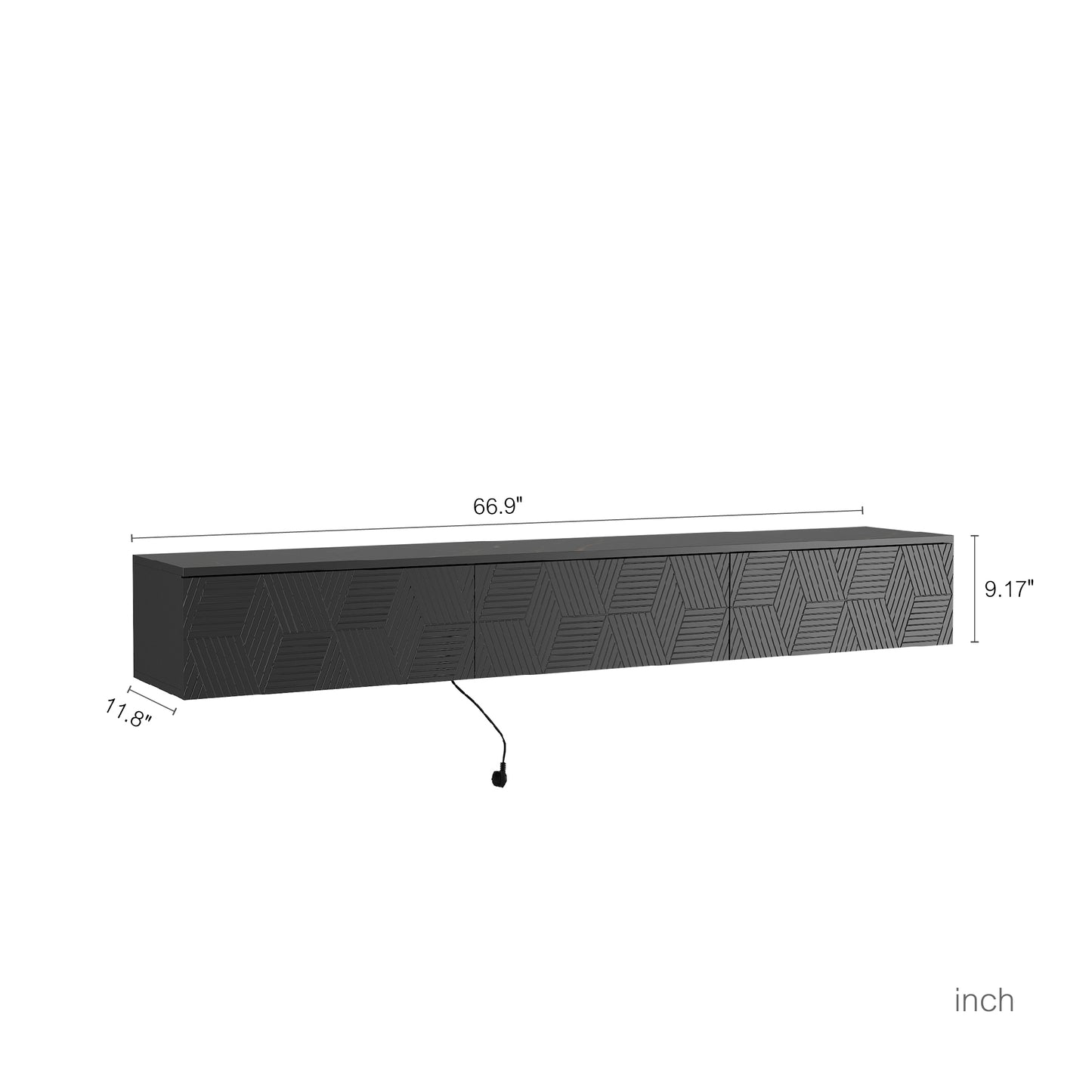 Black modern media console with geometric textured doors and dimensions L x D x H