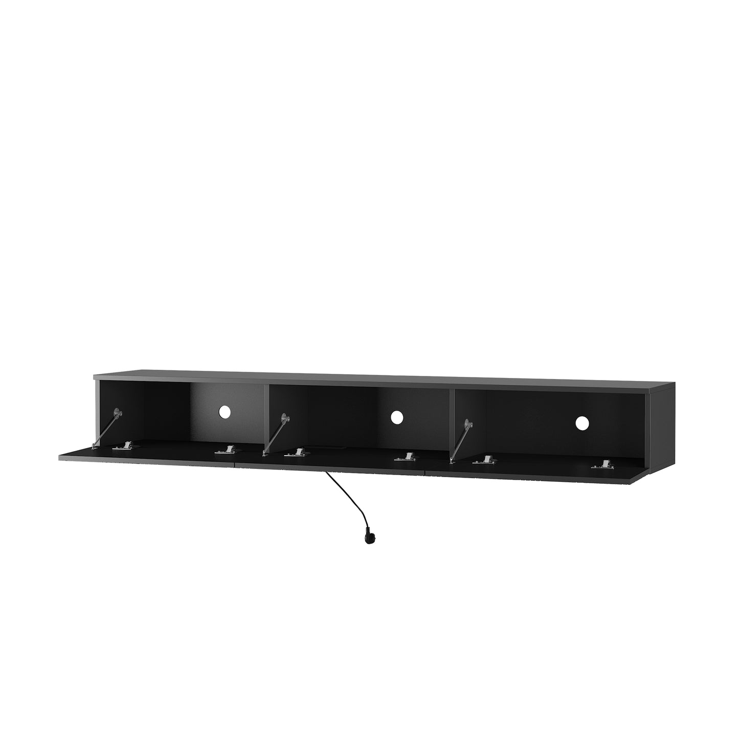 Modern black wallmounted TV stand with four compartments and dropdown doors ideal for media consoles