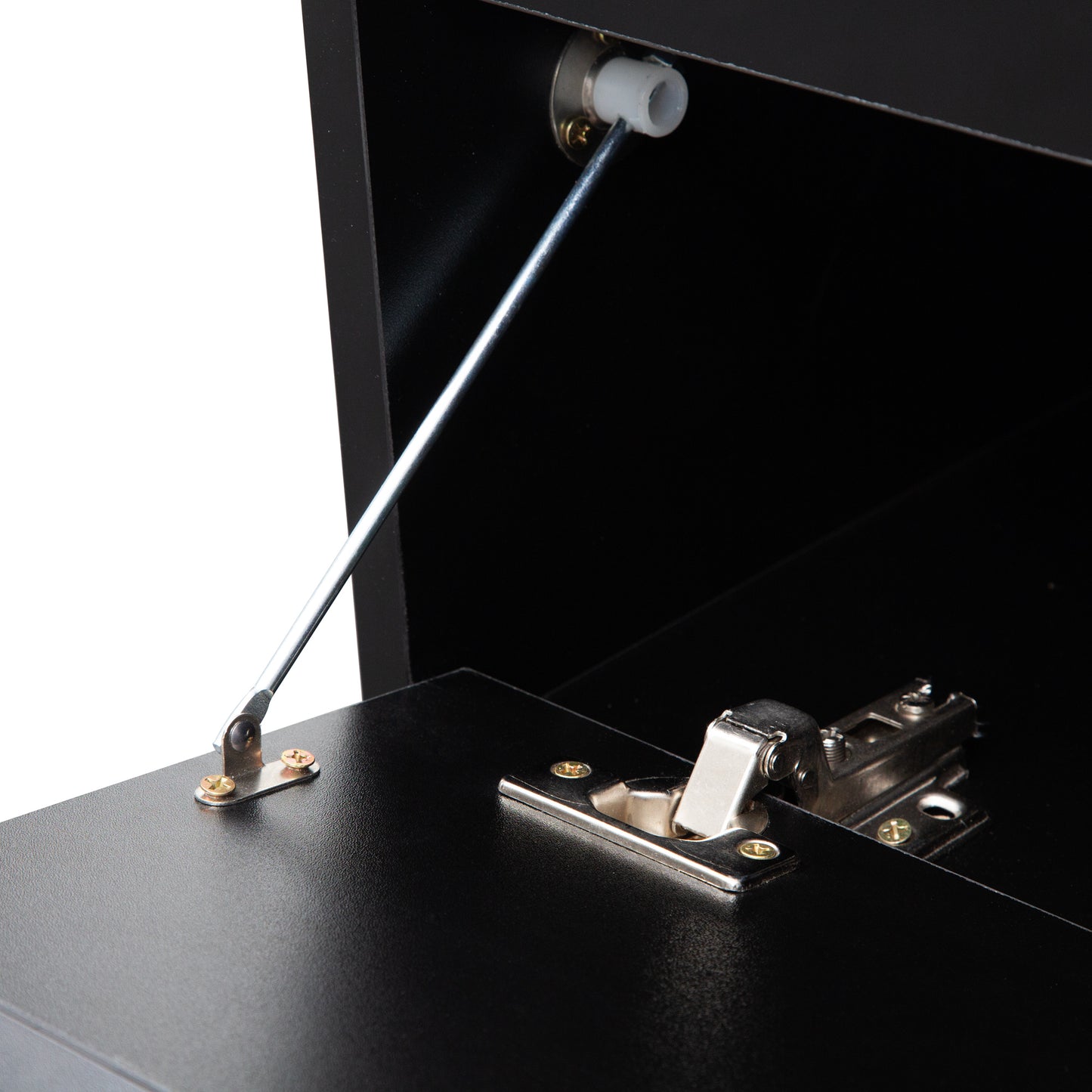 Black cabinet hinge with gas strut mechanism for softclose doors