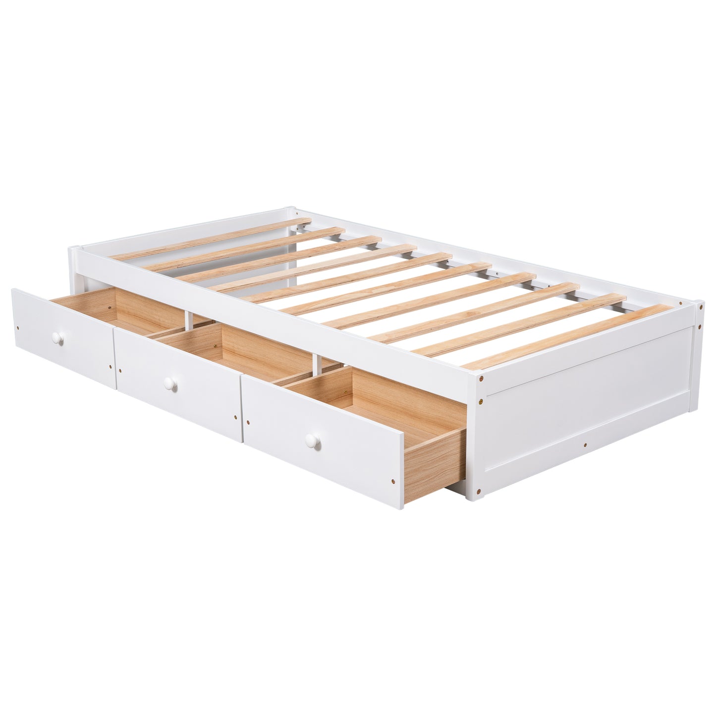 White twin bed frame with three builtin drawers for storage