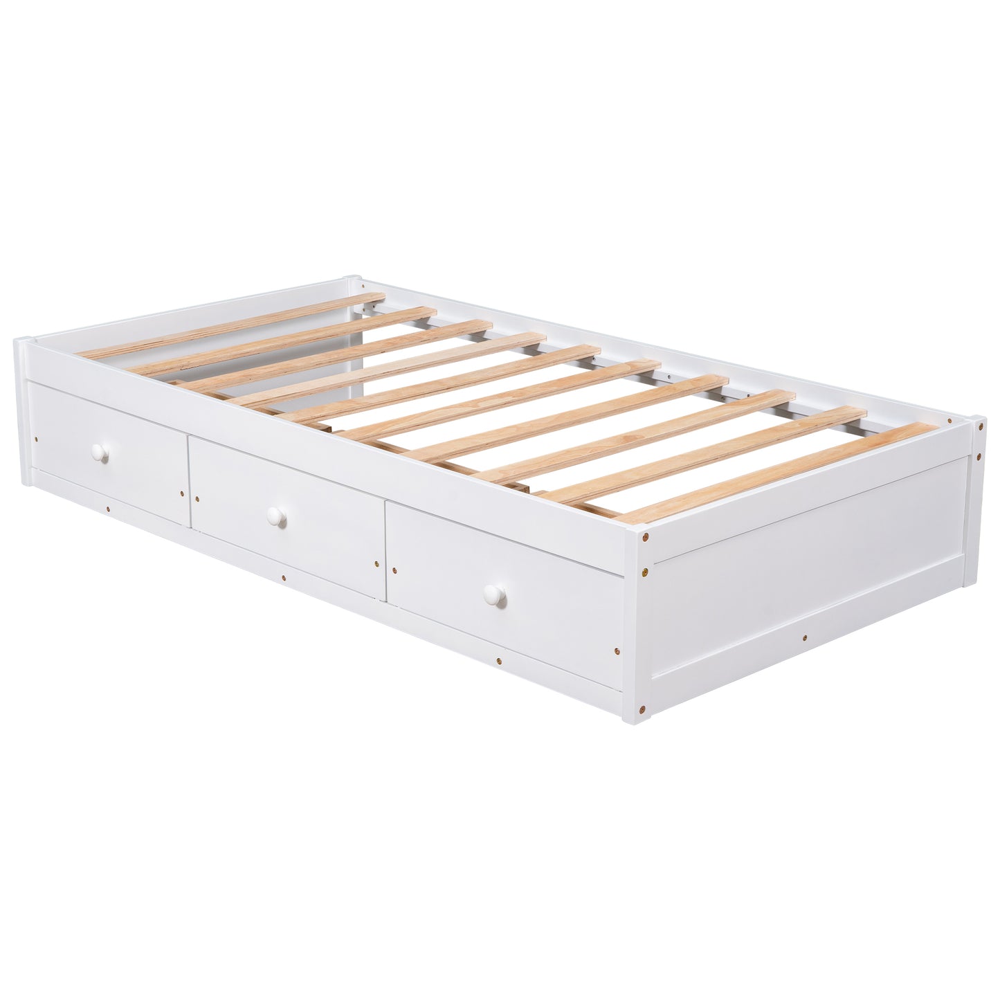 White twin bed frame with three drawers for storage