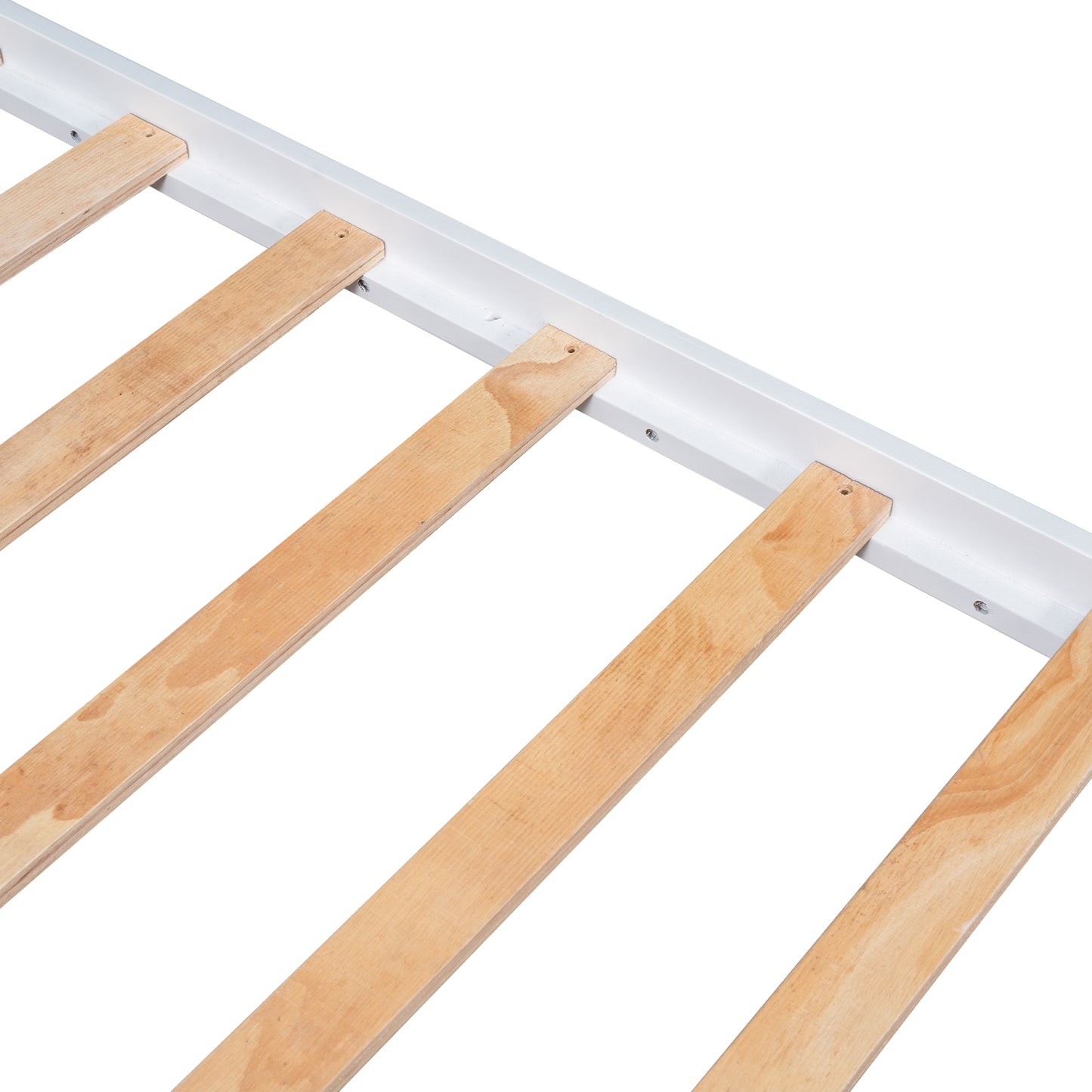 Close up of wooden bed slats and white frame