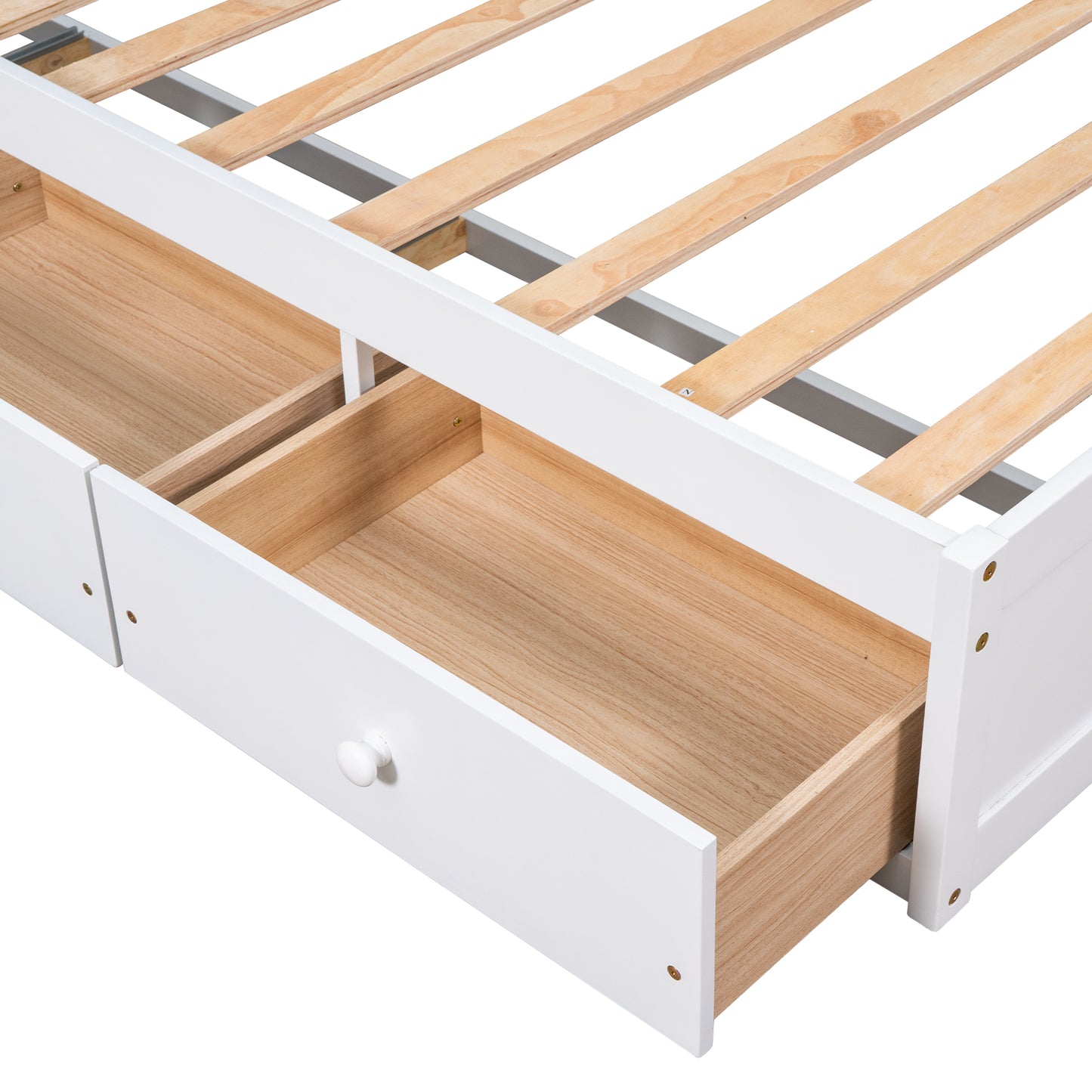 Closeup of a white twin bed frame with two wooden storage drawers fully open