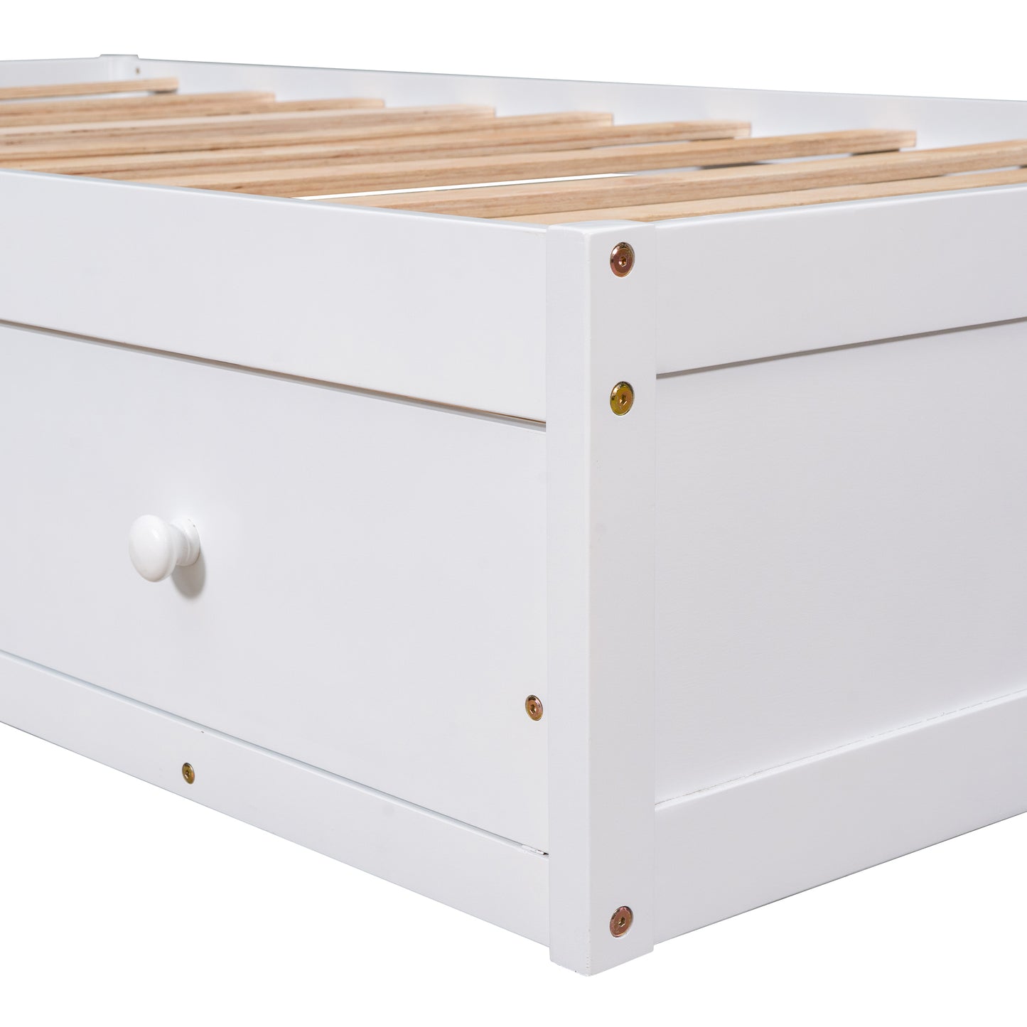 White wooden bed frame with visible drawer and wooden slats Key feature for storage